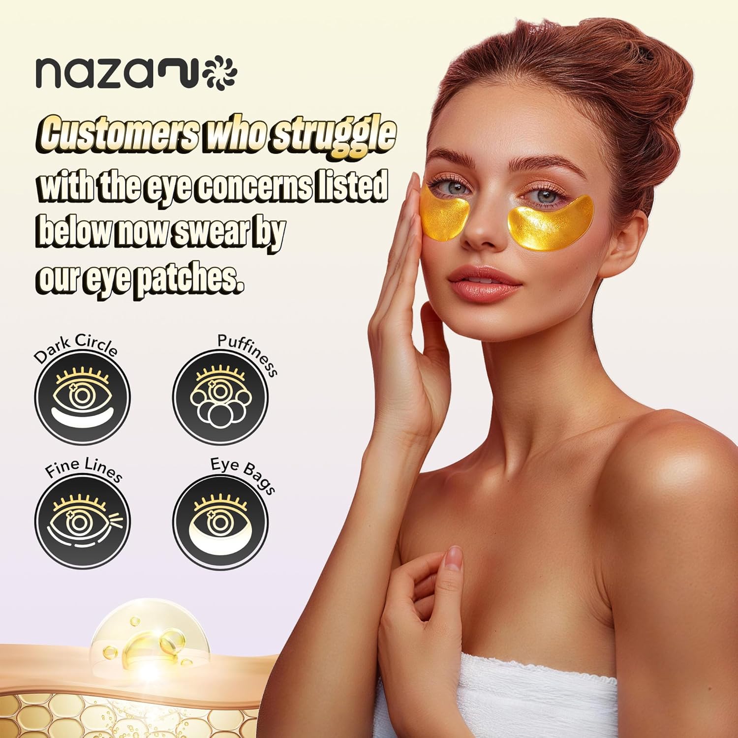 NAZANO 24K Gold Under Eye Patches - 60 Pack for Puffy Eyes, Dark Circles, Bags & Wrinkles with Collagen & Hyaluronic Acid - Eye Care Pads for Daily Skincare (Gold) - Image 2