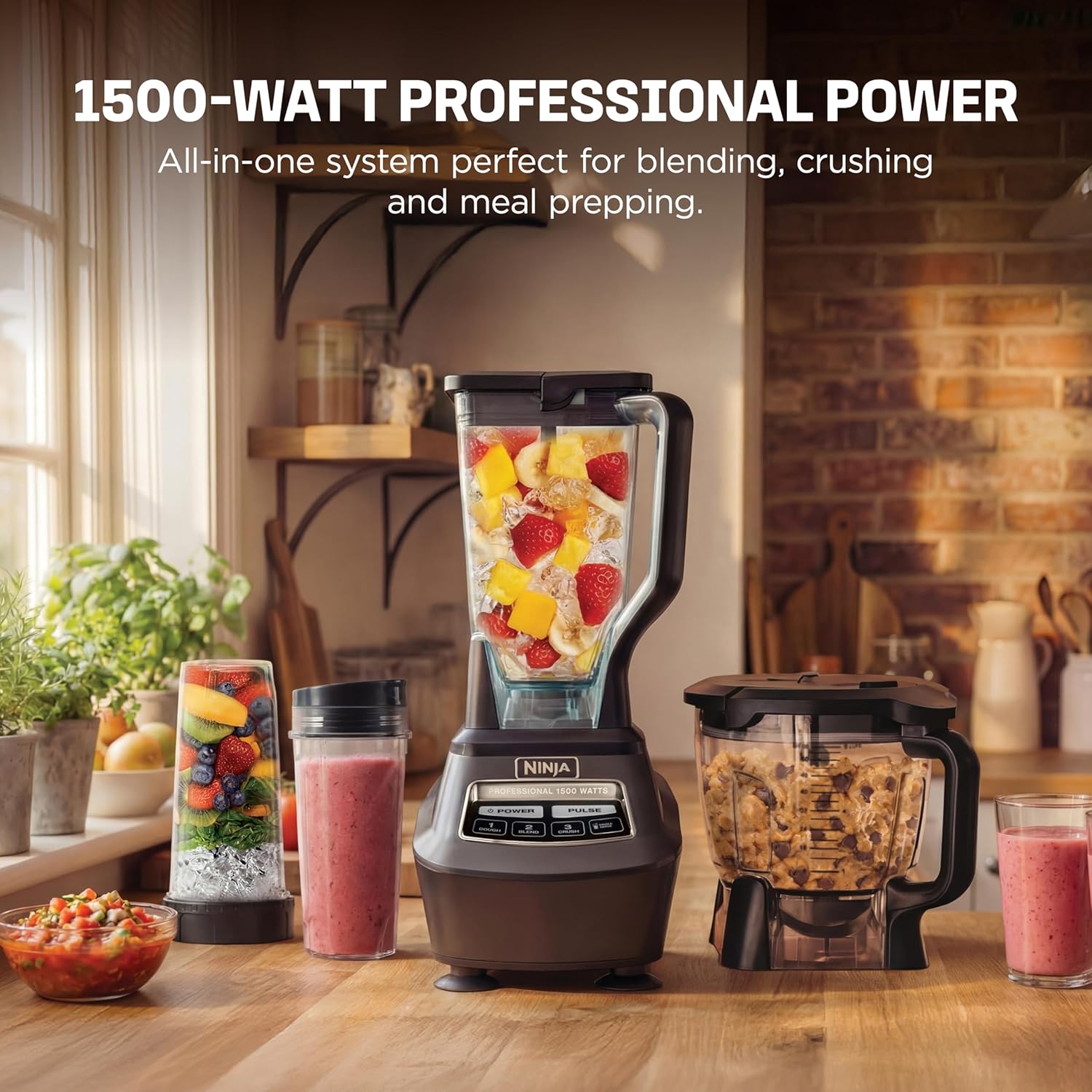 Ninja Kitchen System | All-in-One Food Processor & Blender for Smoothies | Includes Pitcher, (2) 16 oz. To-Go Cups & 8-Cup Bowl | Makes Salsa, Dough, Shakes, & Frozen Drinks | 1500W | Black | BL770 - Image 2