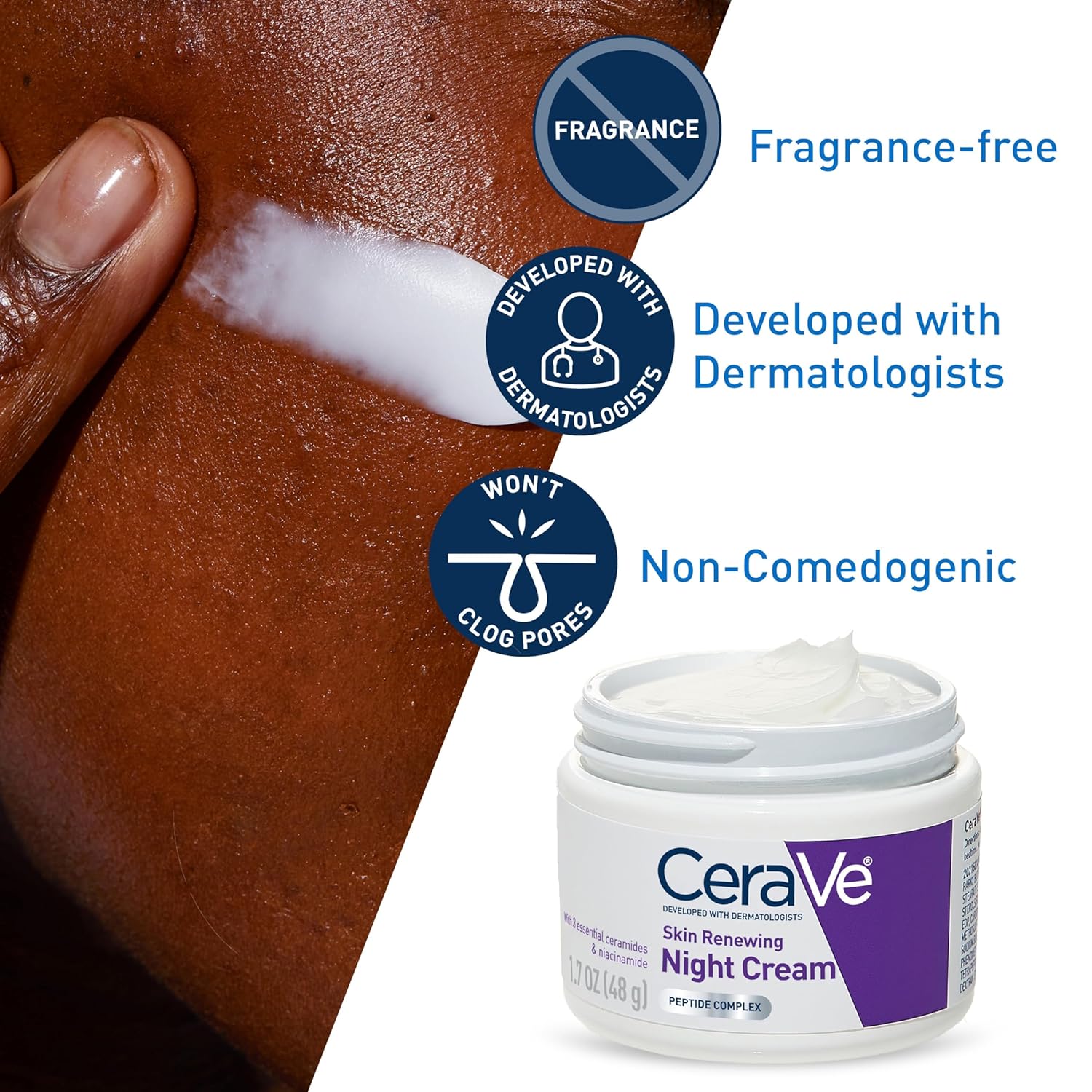 CeraVe Skin Renewing Night Cream, Niacinamide, Peptide Complex, and Hyaluronic Acid Moisturizer for Face, 1.7 Ounce - Image 2