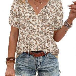 LOMON Boho Tops for Women Summer V-Neck Tie Front Peasant Blouses Casual Puff Sleeve Loose-Fit Flowy Shirts Beach Vacation