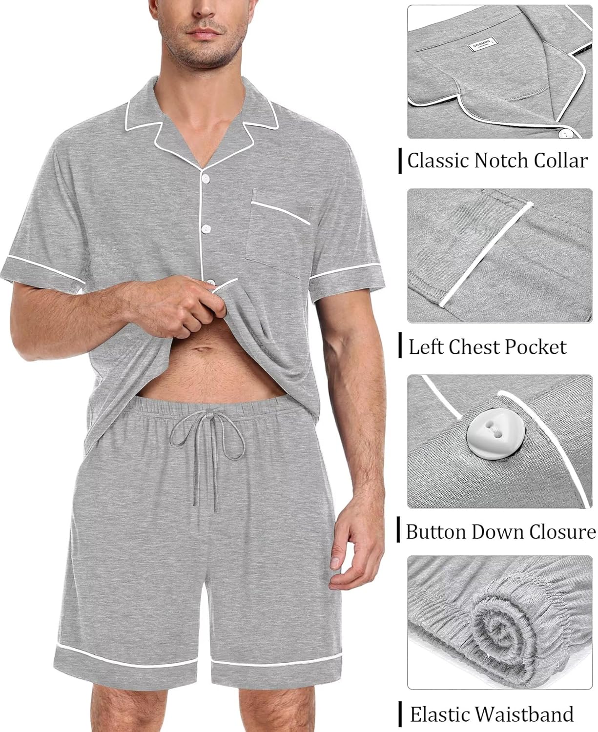 SWOMOG Mens Pajama Set Short Sleeve 2 PCS Sleepwear Button Down Soft Loungewear Modal Set Pj Set with Pockets S-3XL - Image 3