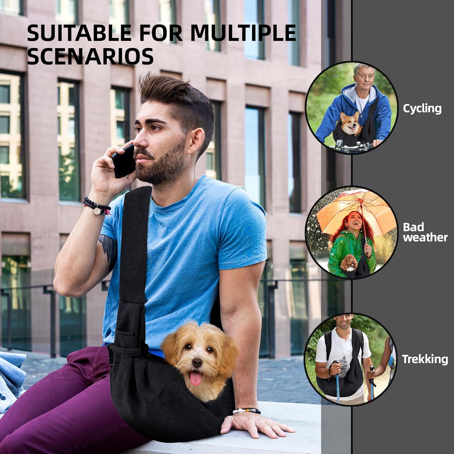 Dog Carrier Sling - Reversible Puppy Carrier Purse with Storage Pocket, Hand-Free Dog Sling Carrier for Carry Small Dogs and Cats, Travel Safety Harness, Dog and Cat Harness(Black) - Image 2