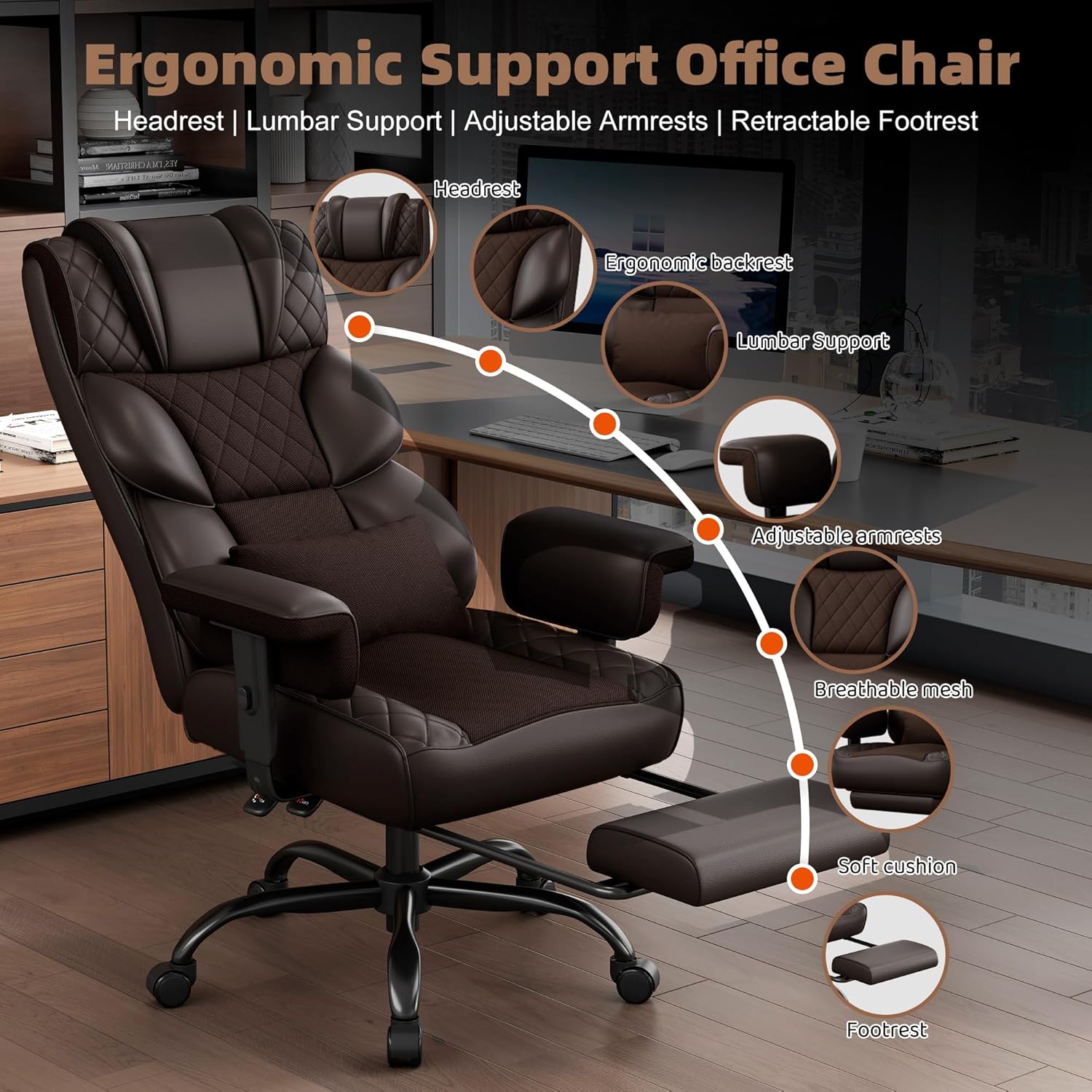 Vonesse Big and Tall Office Chair, Desk Chair with Soft Adjustable Armrests, Ergonomic High Back Gaming Chair with Lumbar Support, Executive Computer Chairs with Footrest (PU Leather, Brown) - Image 3