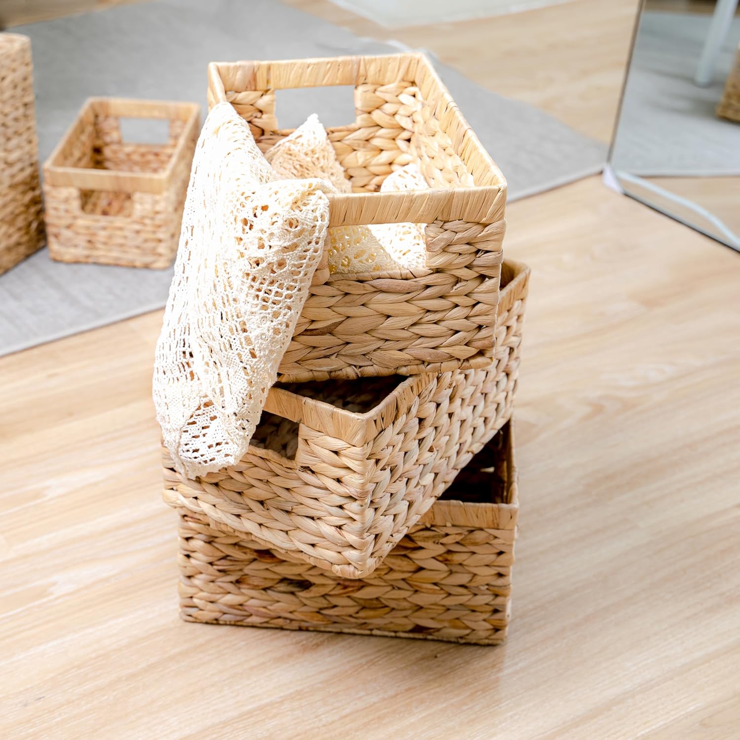 M4DECOR Set of 6 Water Hyacinth Storage Baskets – Wicker Storage Baskets for Shelves, Pantry Baskets for Organizing, Handwoven Wicker Baskets for Storage (Medium) - Image 6