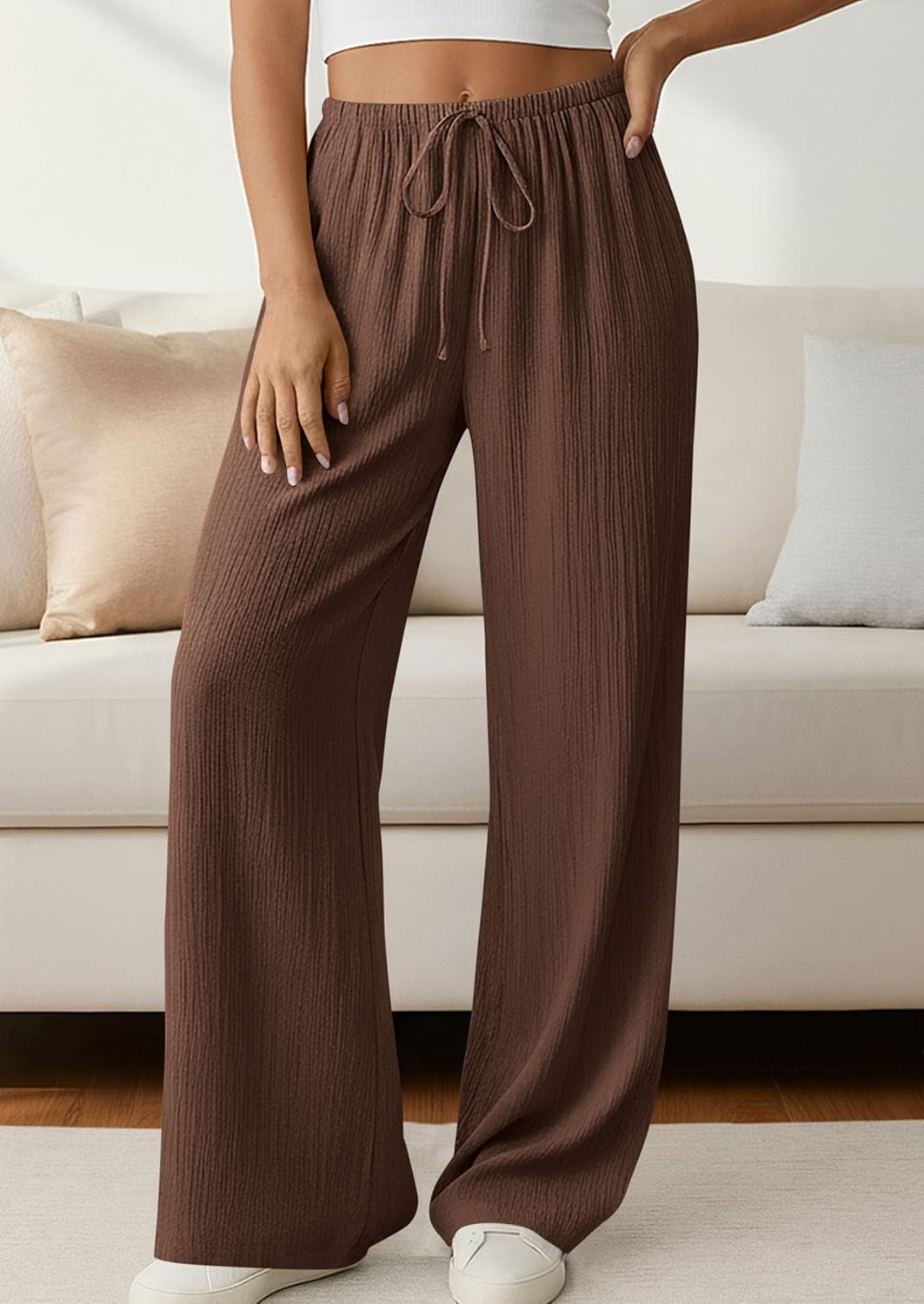 PRETTYGARDEN Womens Palazzo Pants Summer Fashion 2026 High Waisted Wide Leg Drawstring Flowy Beach Trousers with Pockets - Image 5