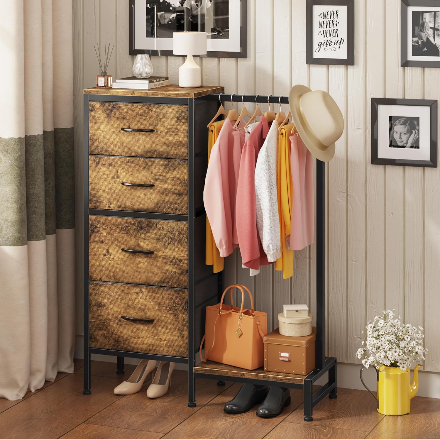 HIGDBFE Dresser with Hanging Rack, 4 Drawers Small Closet for Bedroom, Reversible Fabric Kids Chest of Drawers with Clothes Rack, Tall Storage Tower, Sturdy Frame, Rustic Brown, 44''H - Image 8