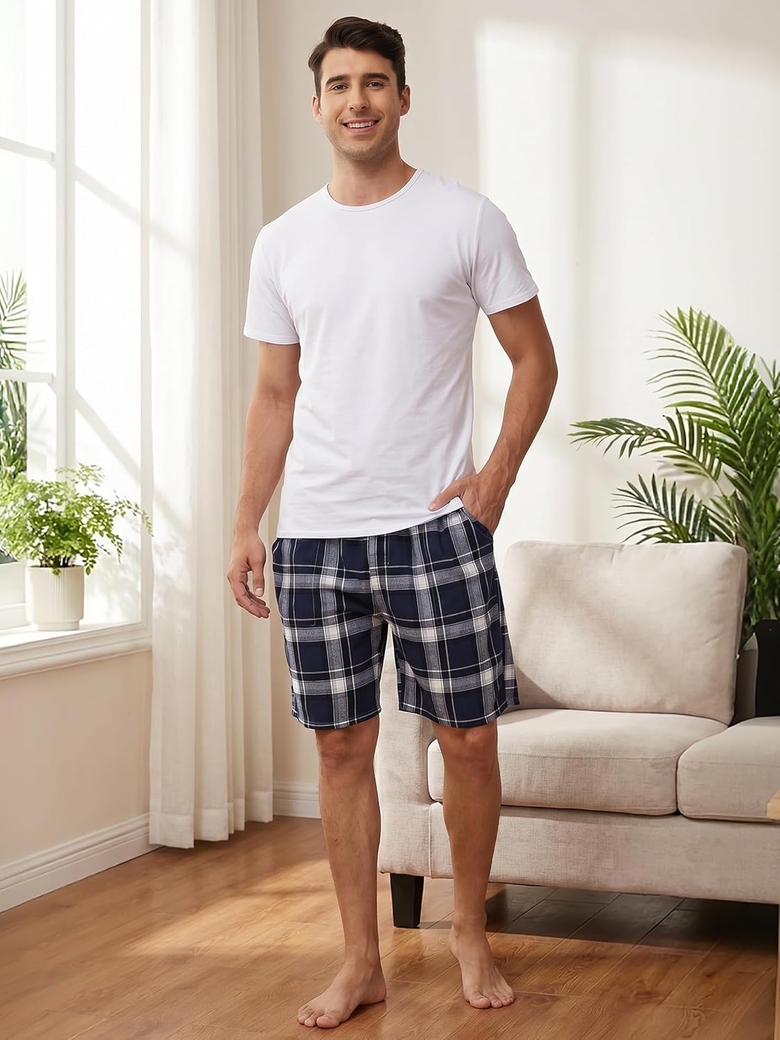 yuyangdpb Men's 3-Pack Woven Pajama Short Cotton Plaid Sleepwear Shorts Button Open Fly with Pockets - Image 6