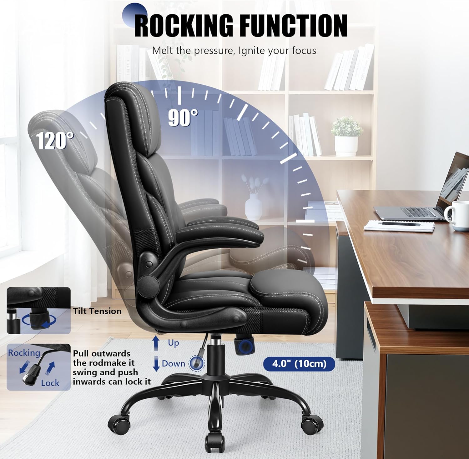 Primy Office Chair, Ergonomic Leather Desk Chair with Flip-up Armrests, Big and Tall High Back Executive Computer & Gaming Chair with Footrest, Comfy Padded, Rocking Function and Lumbar Support(Black) - Image 5