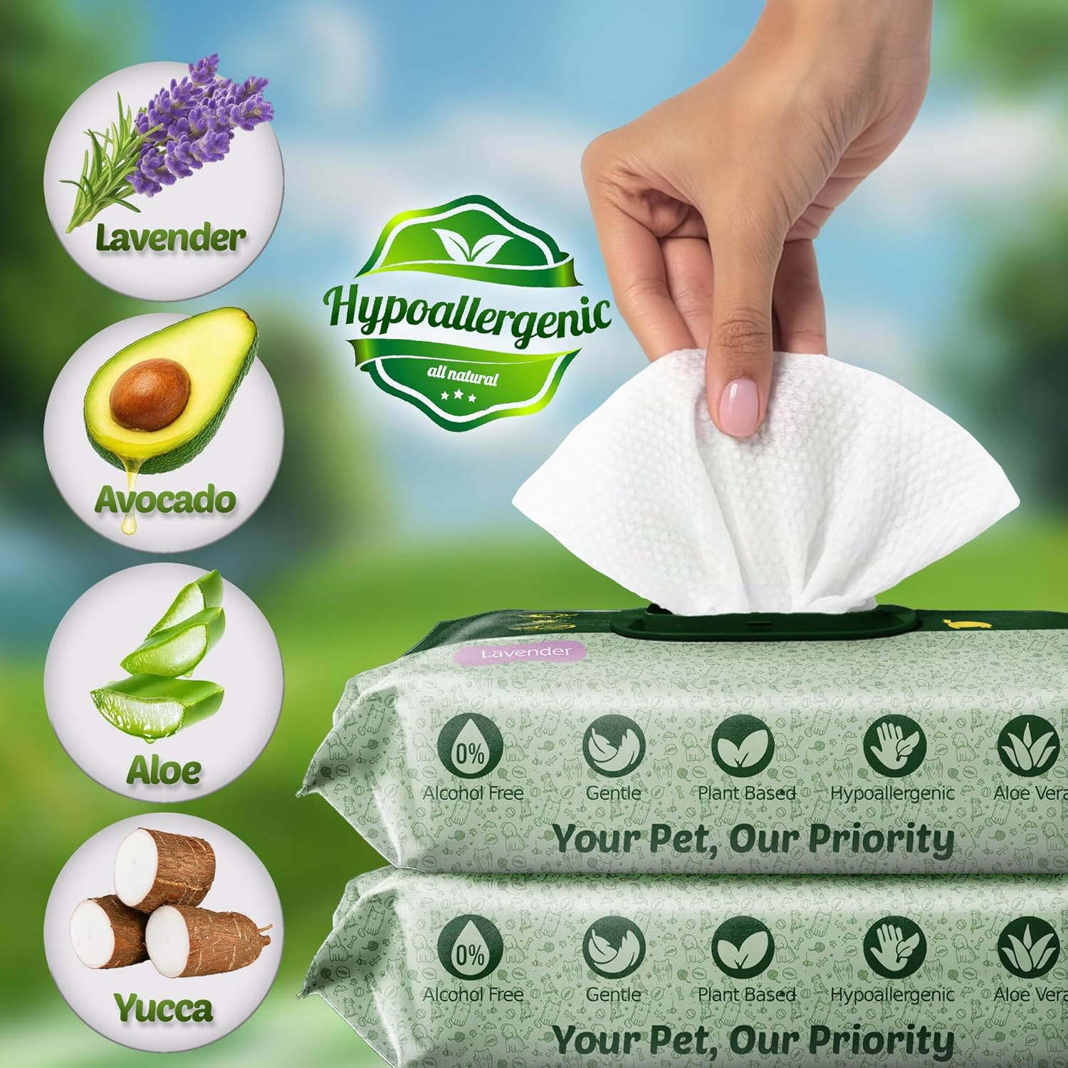 Petazy Pet Wipes for Dogs and Cats – 400 Count (8x8in) Hypoallergenic, Deodorizing Dog Wipes for Paws, Ears and Butt | XL with Aloe & Coconut Oil, Lavender Scented | Includes 4 Grooming Glove Wipes - Image 8