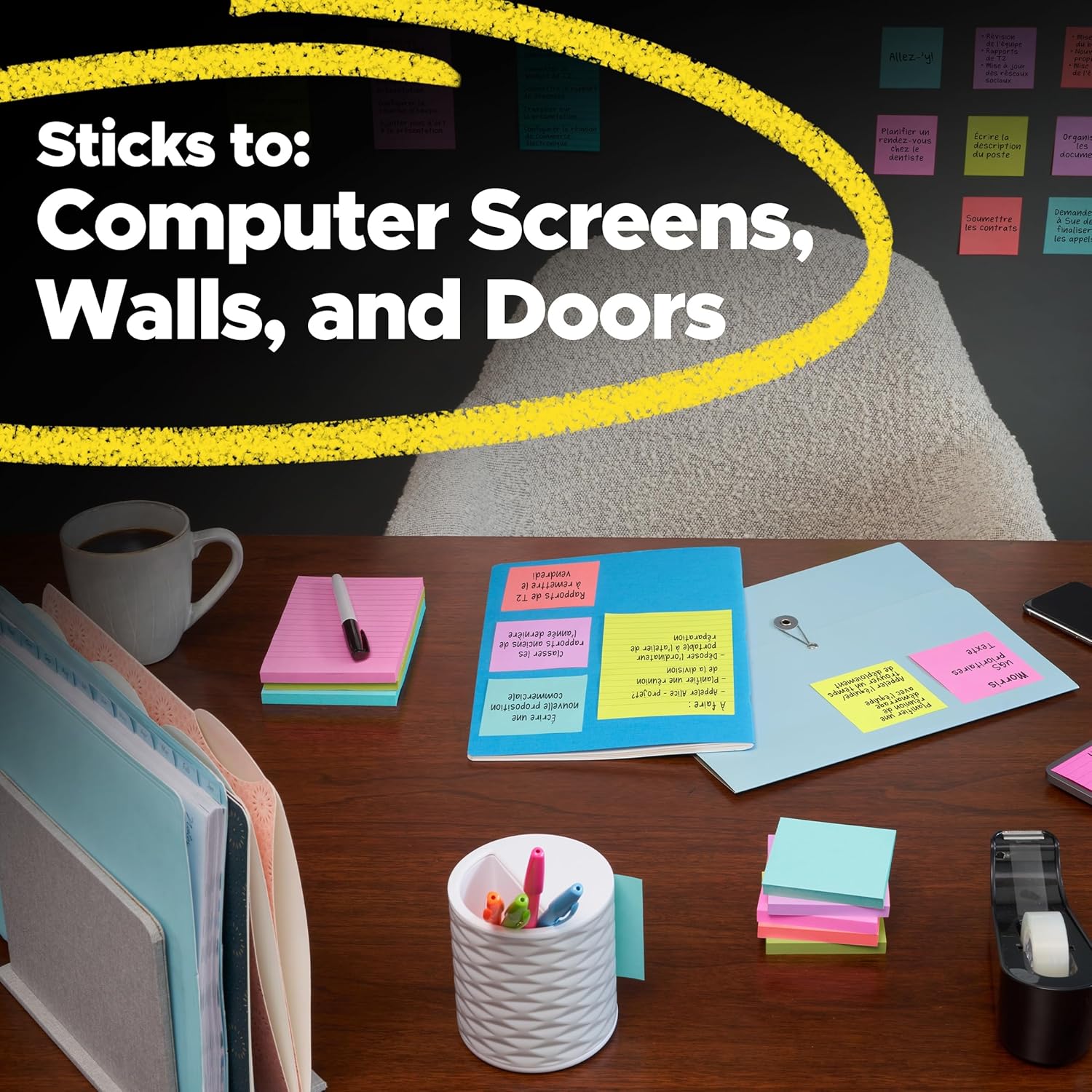 Post-it Super Sticky Notes, 12 Sticky Note Pads, 3 x 3 in., School Supplies, Office Products, Sticky Notes for Vertical Surfaces, Monitors, Walls and Windows, Canary Yellow, 840 Total - Image 7