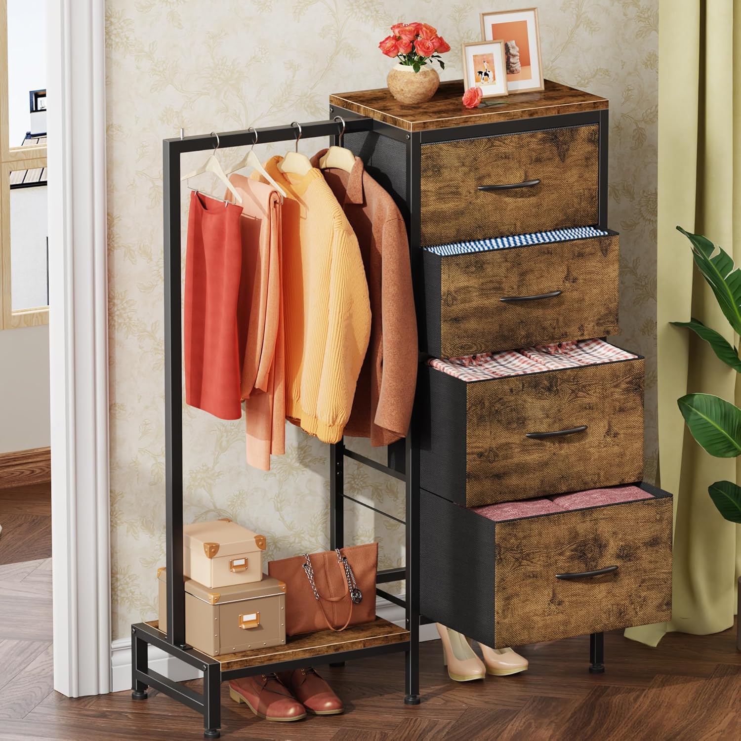 HIGDBFE Dresser with Hanging Rack, 4 Drawers Small Closet for Bedroom, Reversible Fabric Kids Chest of Drawers with Clothes Rack, Tall Storage Tower, Sturdy Frame, Rustic Brown, 44''H - Image 2