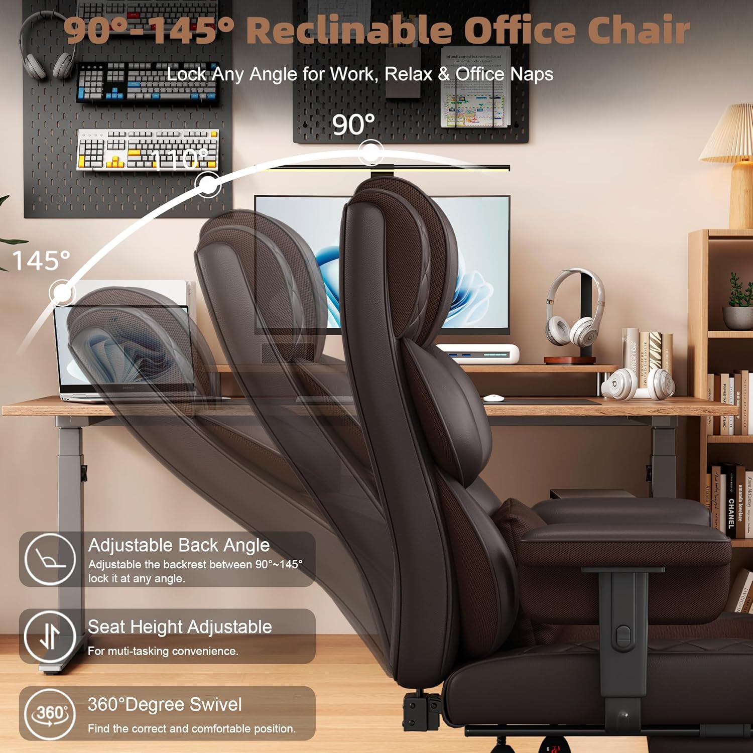 Vonesse Big and Tall Office Chair, Desk Chair with Soft Adjustable Armrests, Ergonomic High Back Gaming Chair with Lumbar Support, Executive Computer Chairs with Footrest (PU Leather, Brown) - Image 8