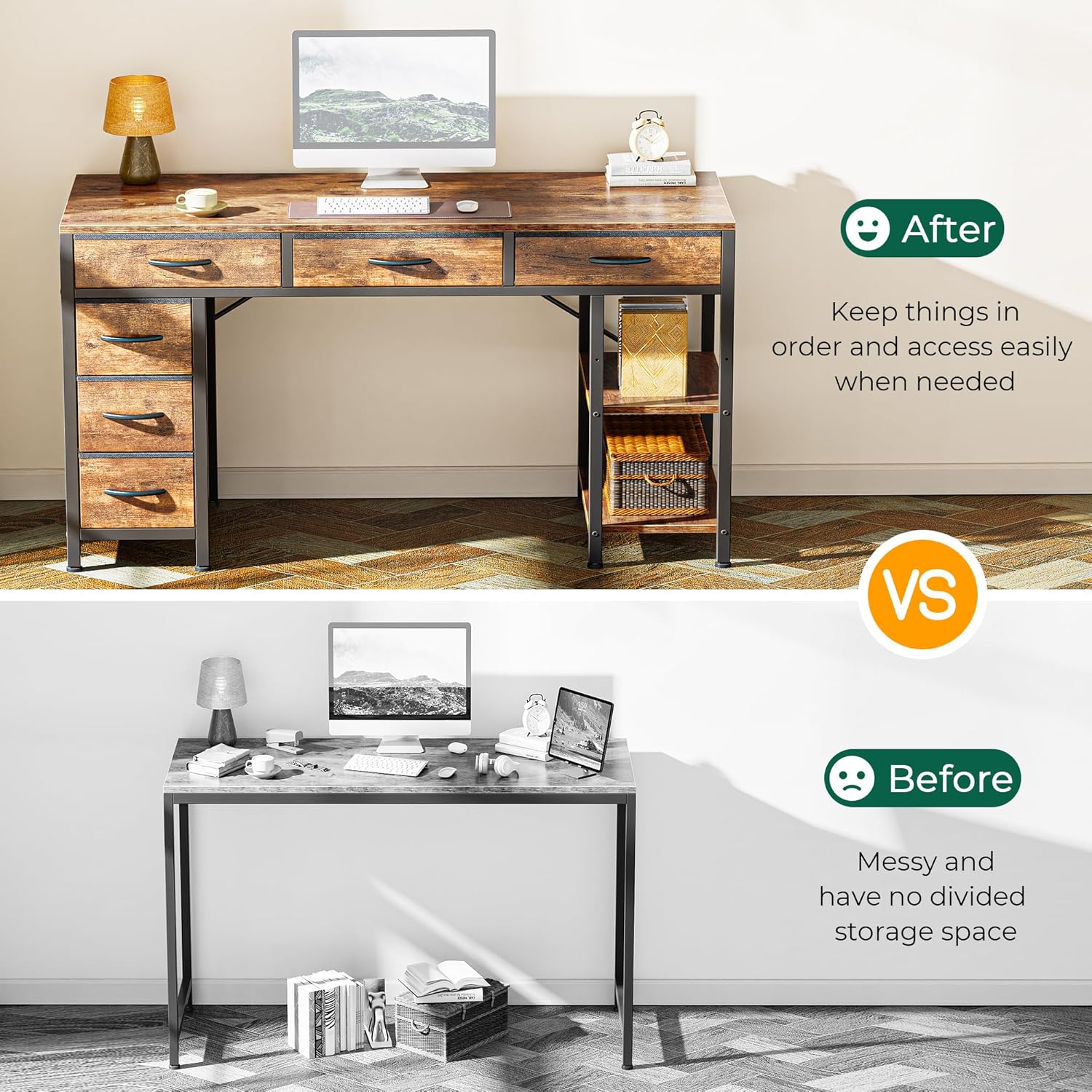 Huuger Computer Desk with 6 Drawers, Office Desk with Shelves, Reversible Gaming Desk, Corner Desk with Storage, Work for Home Office, Study, Living Room, 47inch, Rustic Brown - Image 5