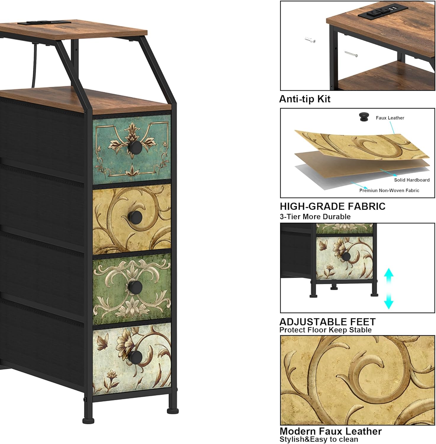 Tohomeor Narrow Dresser Tall Skinny Storage Tower Vertical Slim Chest of Drawers with Charging Station Small Nightstand Side Table for Bedroom, Bathroom, Small Spaces (Retro Flower, 4 Drawers) - Image 7