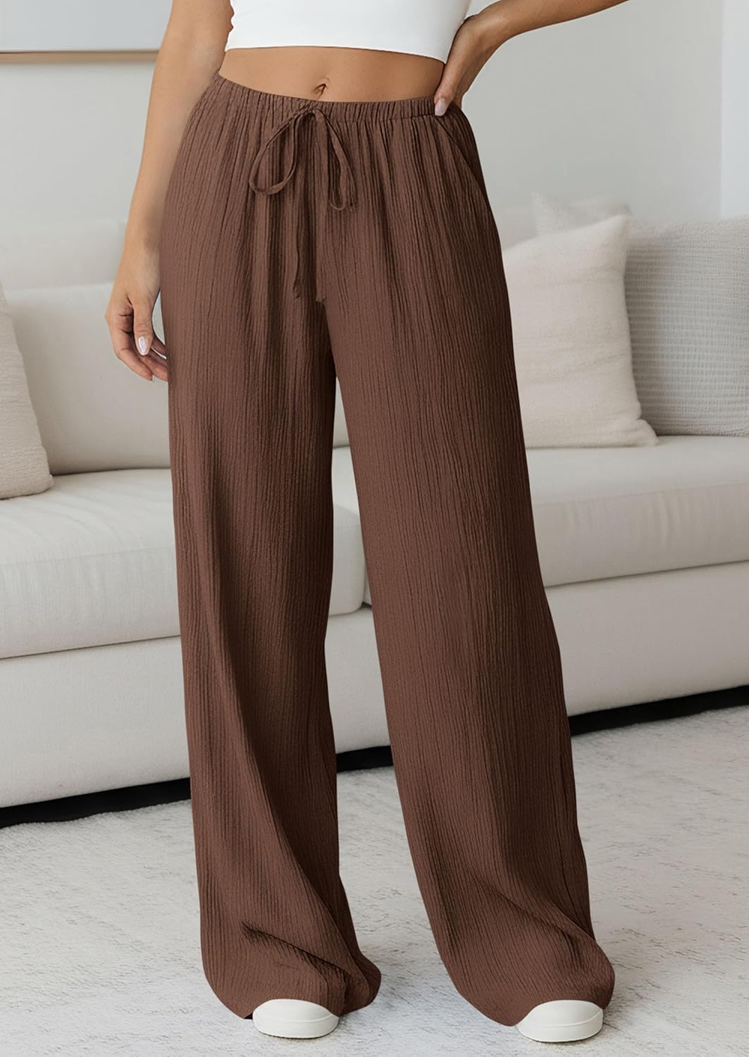 PRETTYGARDEN Womens Palazzo Pants Summer Fashion 2026 High Waisted Wide Leg Drawstring Flowy Beach Trousers with Pockets - Image 8