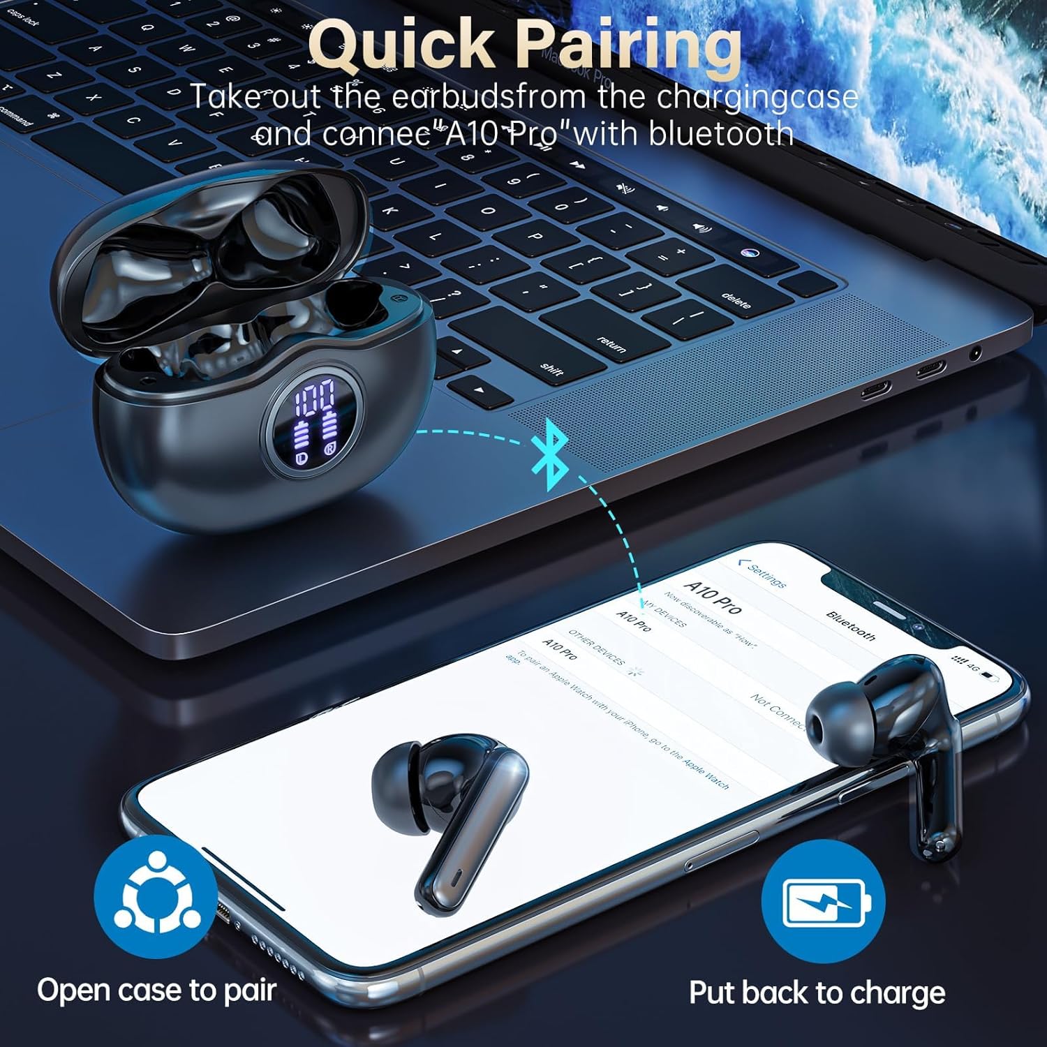Wireless Earbuds, Bluetooth 5.3 Headphones HiFi Stereo 50H Playback LED Digital Display Ear Buds with ENC Noise Canceling Headset, IPX7 Waterproof Earphones for Gym/Running/Work (Black) - Image 2