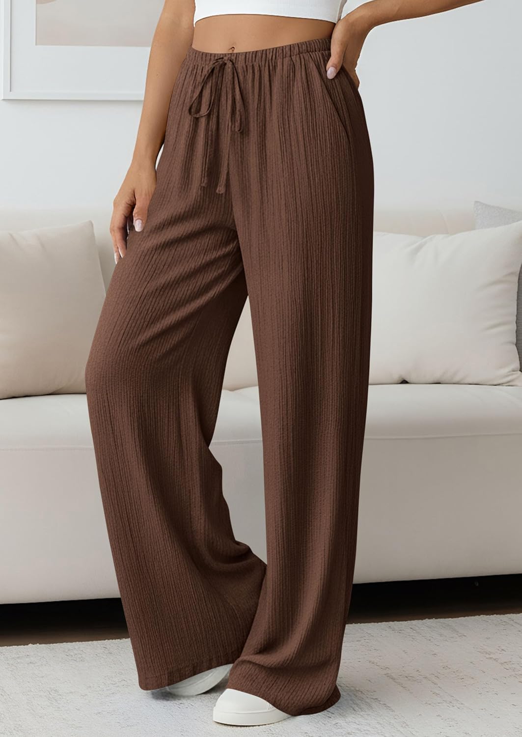 PRETTYGARDEN Womens Palazzo Pants Summer Fashion 2026 High Waisted Wide Leg Drawstring Flowy Beach Trousers with Pockets - Image 4