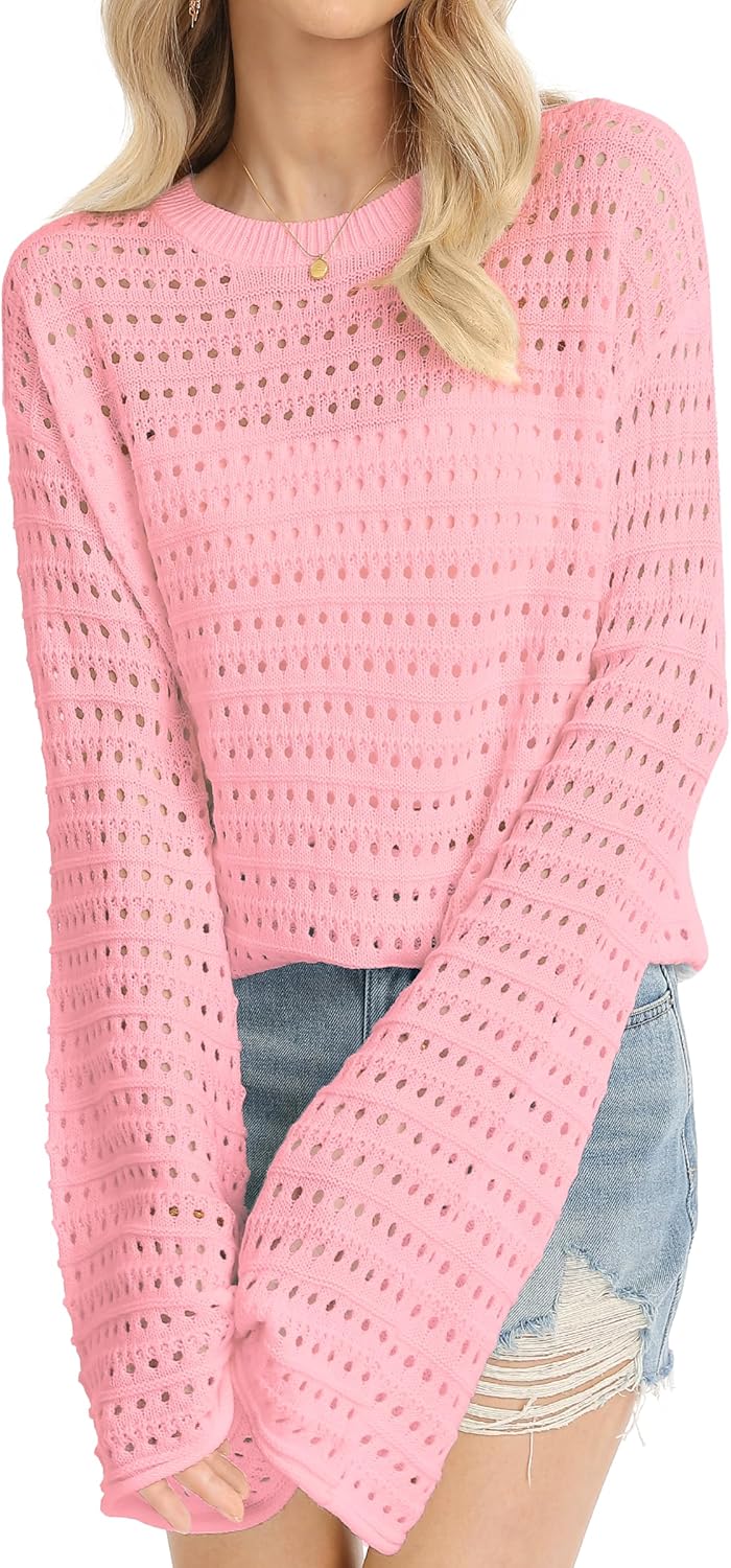 QUALFORT Womens Crochet Sweaters Long Sleeve Lightweight Hollow Out Knit Casual Soft Pullover Spring Summer Tops