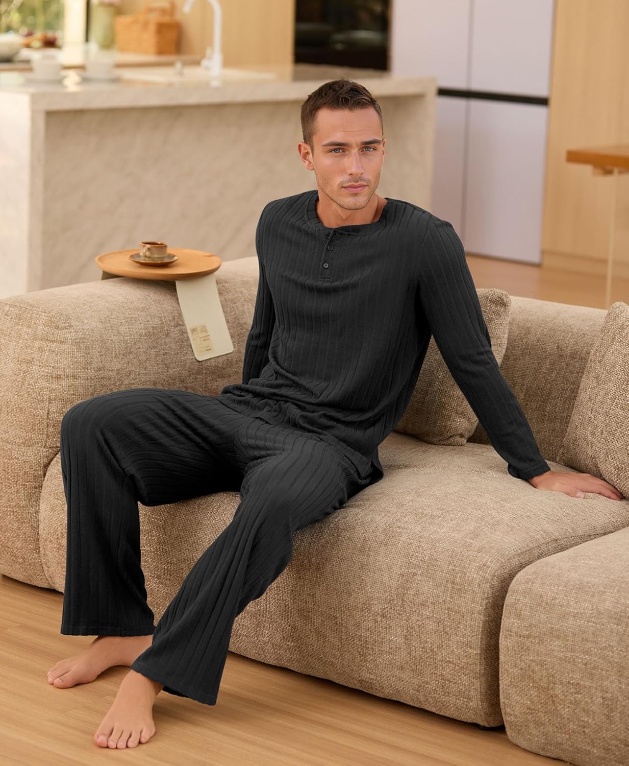 NITAGUT Men's Pajama Set Henley Collar Loungewear Long Sleeved Buttoned Sleepwear 2 Piece Pjs with Pockets - Image 3