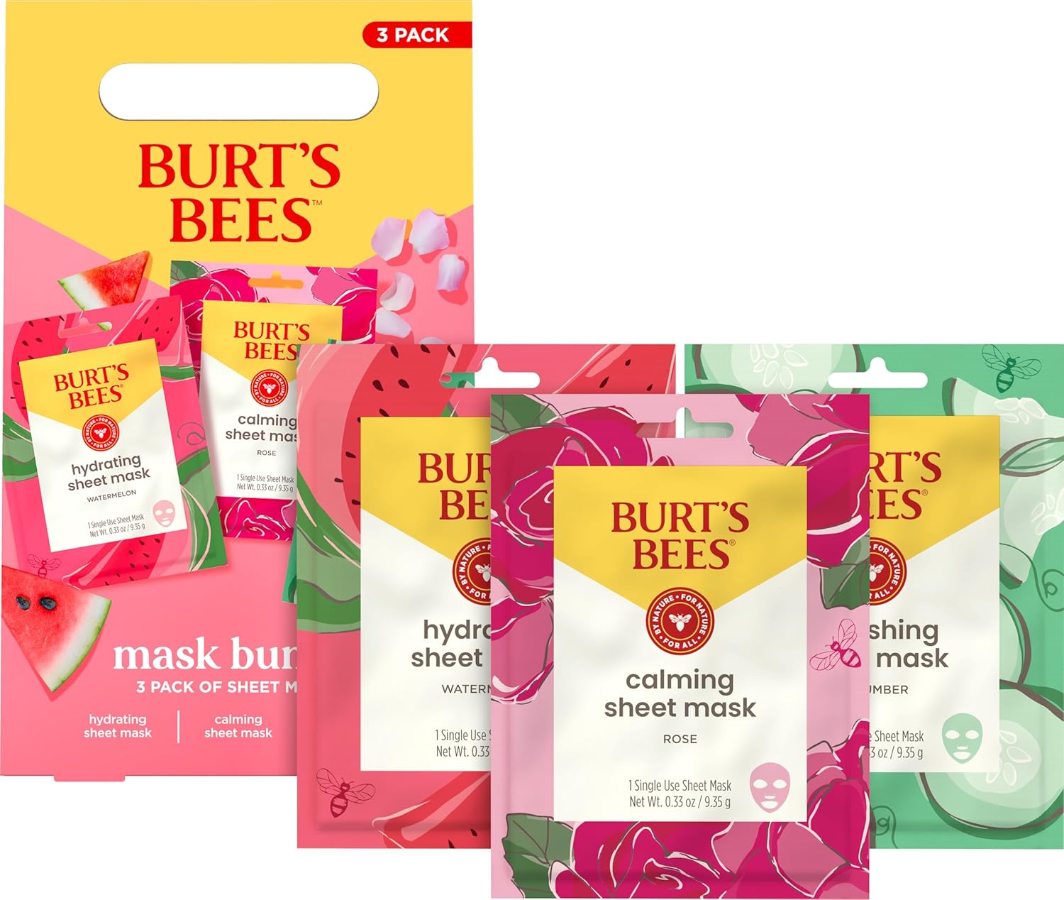 Burt's Bees Mothers Day Gifts, Face Mask Bundle Set, Hydrating Watermelon, Calming Rose, & Refreshing Cucumber, Face Sheet Masks for Single Use Skin Care, 99% Natural Origin, 3 Count, 0.33oz Each - Image 7