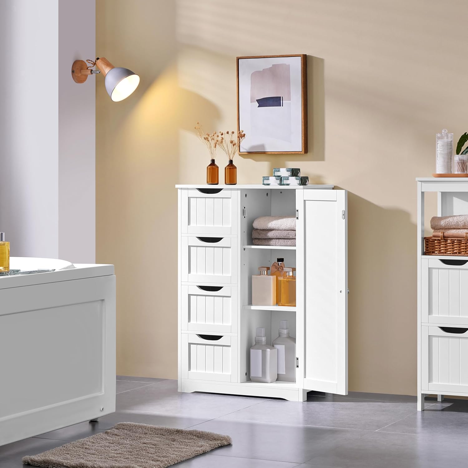Yaheetech Wooden Floor Cabinet, Side Storage Organizer with 4 Drawers and 1 Cupboard, Freestanding Entryway Storage Unit Console Table, Bathroom Furniture Home Decor, White - Image 2