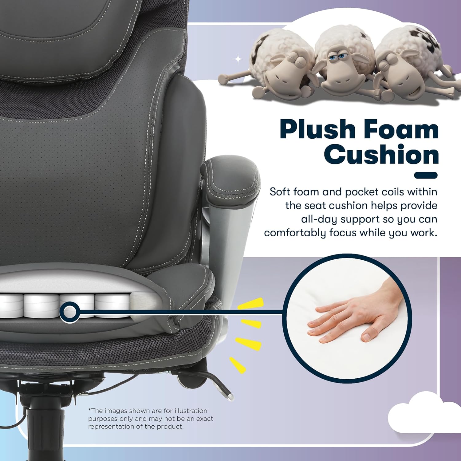 Serta Bryce Executive Office Chair - Ergonomic Computer Desk Chair with Patented AIR Lumbar Technology - Adjustable Height - Memory Foam Body Pillows - 360° Swivel Rolling Base - Bonded Leather - Gray - Image 10