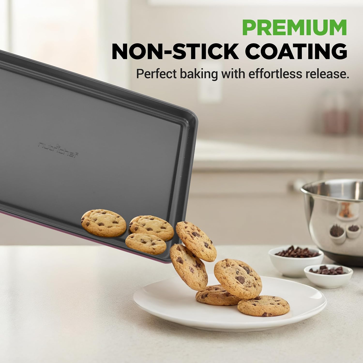 NutriChef 8-Piece Nonstick Stackable Bakeware Set - PFOA, PFOS, PTFE Free Baking Pan Set w/Non-Stick Coating, 450°F Oven Safe, Round Cake, Loaf, Muffin, Wide/Square Pans, Cookie Sheet (Plum) - Image 4