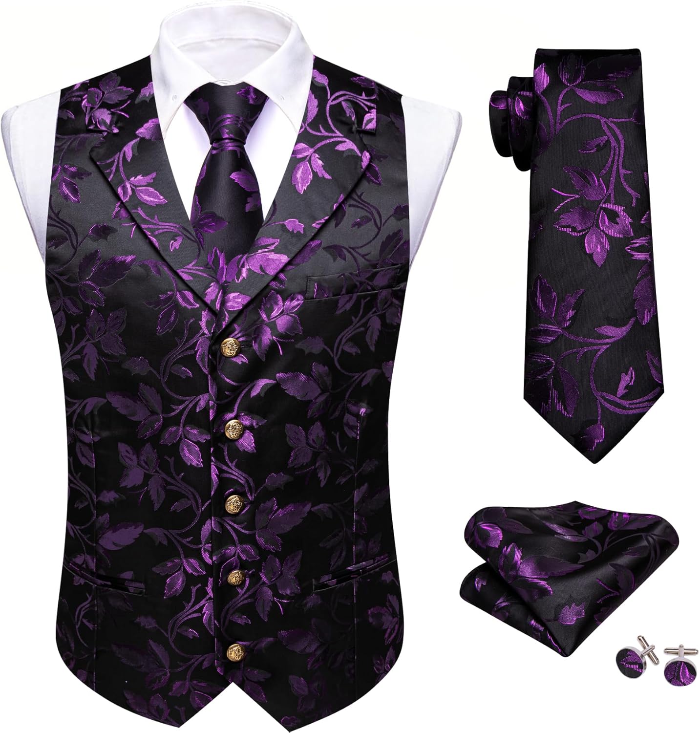Barry.Wang Mens Silk Lapel/Shawl Collar Vest Tie Sleeve Holder Set Formal/Casual Paisley Vests Wedding Tuxedo Waistcoat - Image 3