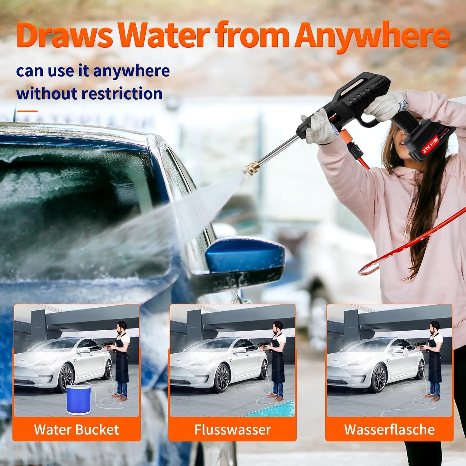 Cordless Pressure Washer, 1500W Portable Power Washer, Rechargeable Battery Pressure Washer with 5M Hose & 3 Nozzles, Electric Pressure Washers for Car Patio Garden Cleaning Watering - Image 5