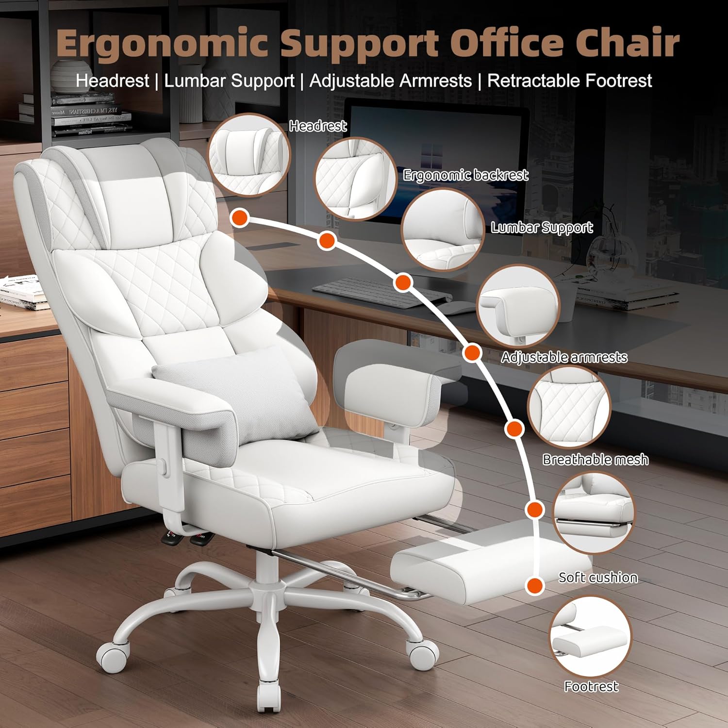 Vonesse Big and Tall Office Chair, Desk Chair with Soft Adjustable Armrests, Ergonomic High Back Gaming Chair with Lumbar Support, Executive Computer Chairs with Footrest (PU Leather, Ivory White) - Image 3