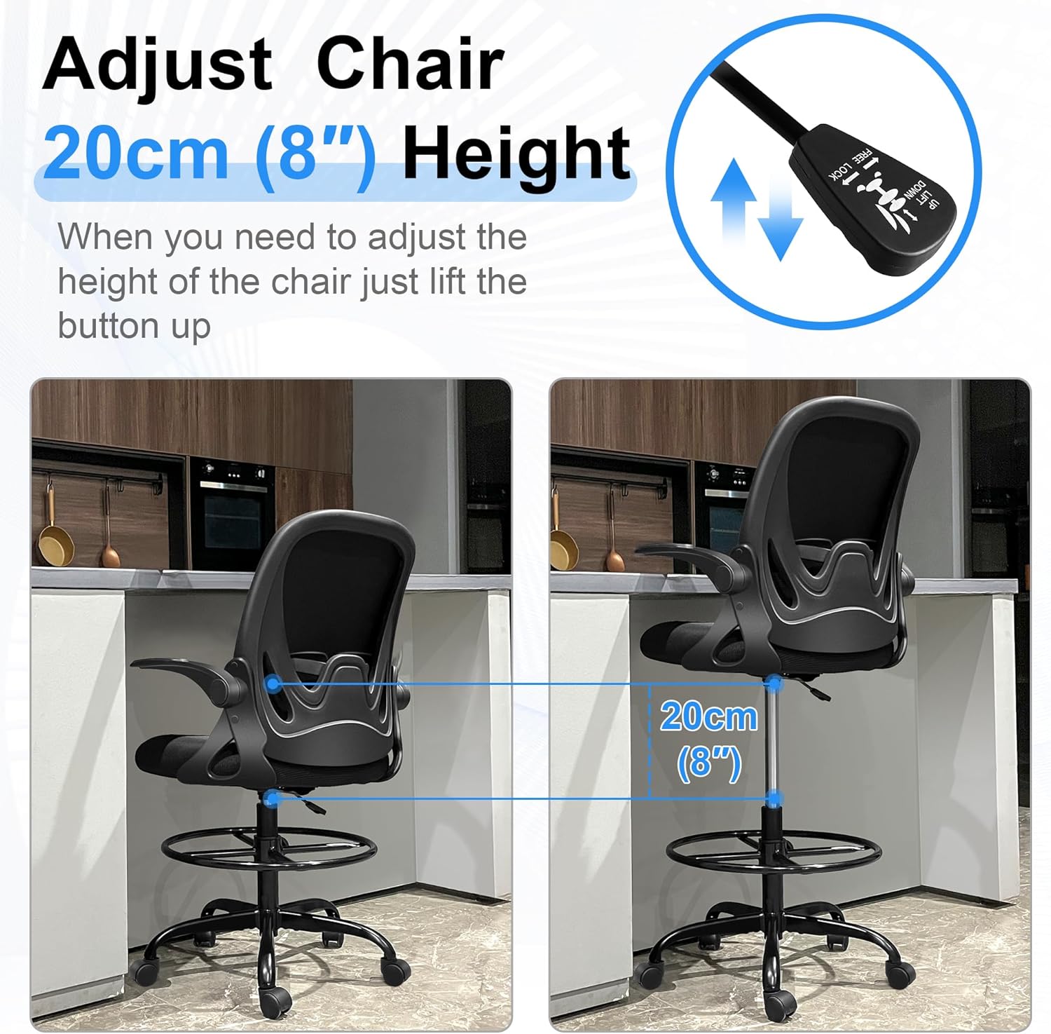 Primy Drafting Chair Tall Office Chair with Flip-up Armrests Executive Ergonomic Computer Standing Desk Chair with Lumbar Support and Adjustable Footrest Ring (Black) - Image 8