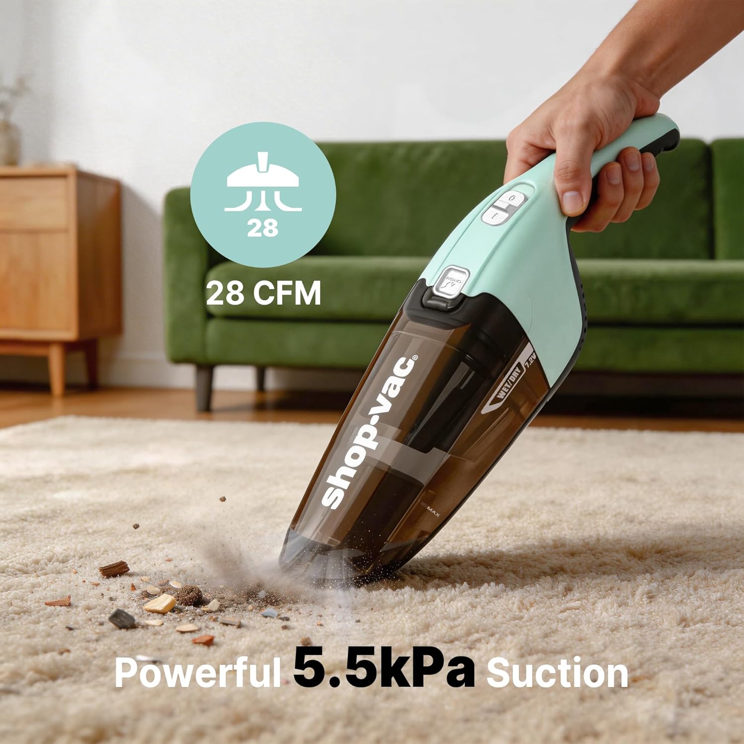 Shop-Vac Wet/Dry Handheld Vacuum, Powerful Small Vacuum Cordless Rechargeable, Wall-Mounted Hand Vac with Crevice Tool, Portable Vacuum for Home & Car, Lightweight & Compact, Green - Image 4