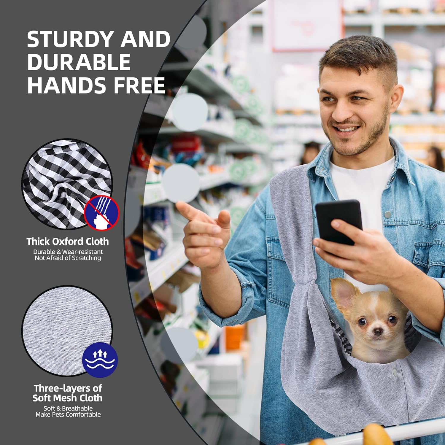 Dog Carrier Sling - Reversible Puppy Carrier Purse with Storage Pocket, Hand-Free Dog Sling Carrier for Carry Small Dogs and Cats, Travel Safety Harness, Dog and Cat Harness(Black) - Image 7