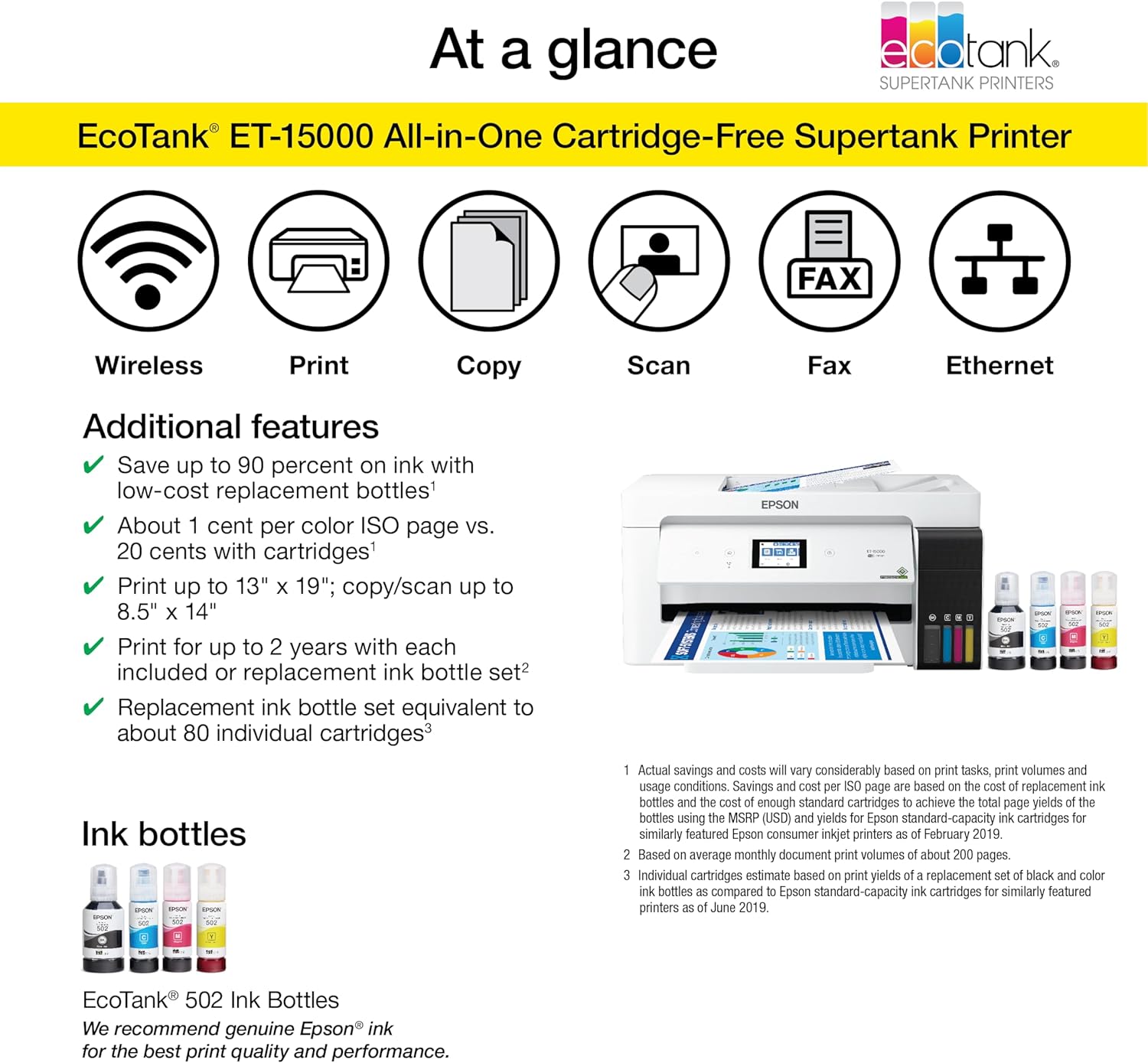 Epson EcoTank ET-15000 Wireless Color All-in-One Supertank Printer with Scanner, Copier, Fax, Ethernet and Printing up to 13 x 19 Inches, White - Image 4