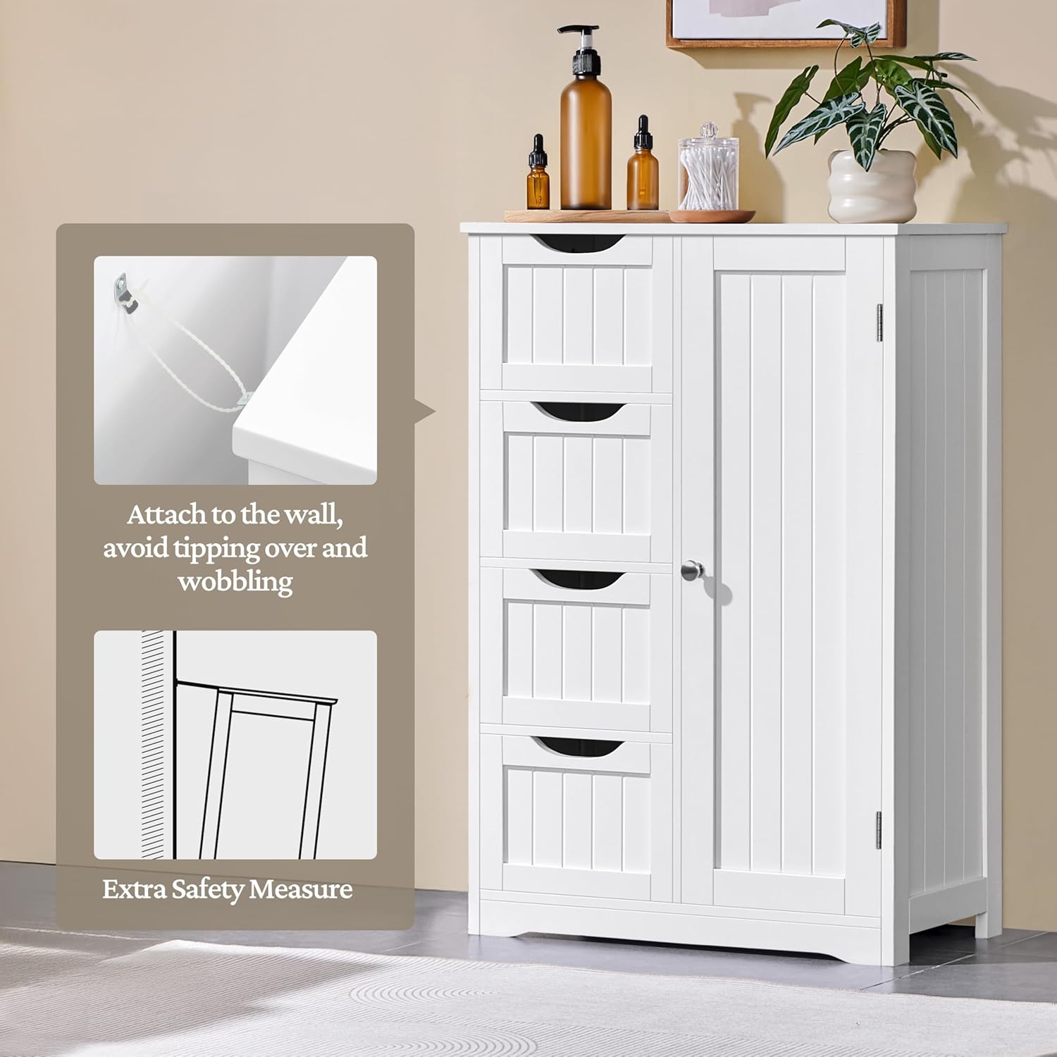 Yaheetech Wooden Floor Cabinet, Side Storage Organizer with 4 Drawers and 1 Cupboard, Freestanding Entryway Storage Unit Console Table, Bathroom Furniture Home Decor, White - Image 4