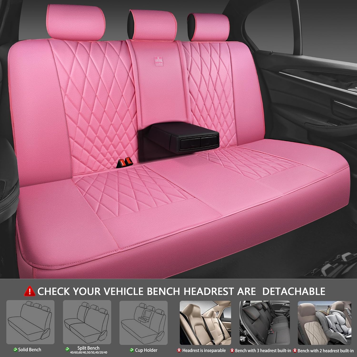 CAR PASS 5 Seats Piping Luxury Leather Seat Covers Full Set, Anti-Slip Waterproof Seat Covers Compatible with Front Armrests, Universal Fit for Suvs,Vans,Trucks,Airbag Compatible, Pure Pink - Image 4