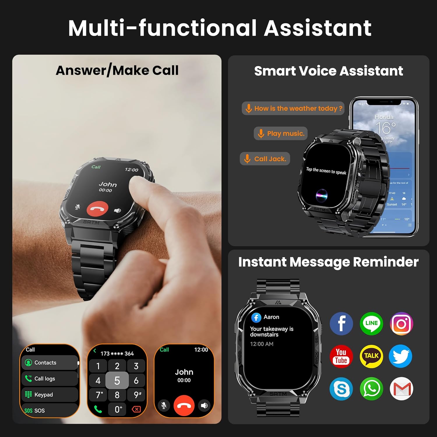 AMAZTIM GPS Smart Watches for Men, 1.96" AMOLED Large Screen, Rugged Stainless Steel Body, 50M Waterproof, Answer/Make Call, Heart Rate Monitor/Sleep Tracking, Android & iOS Compatible, Black, M3E - Image 10