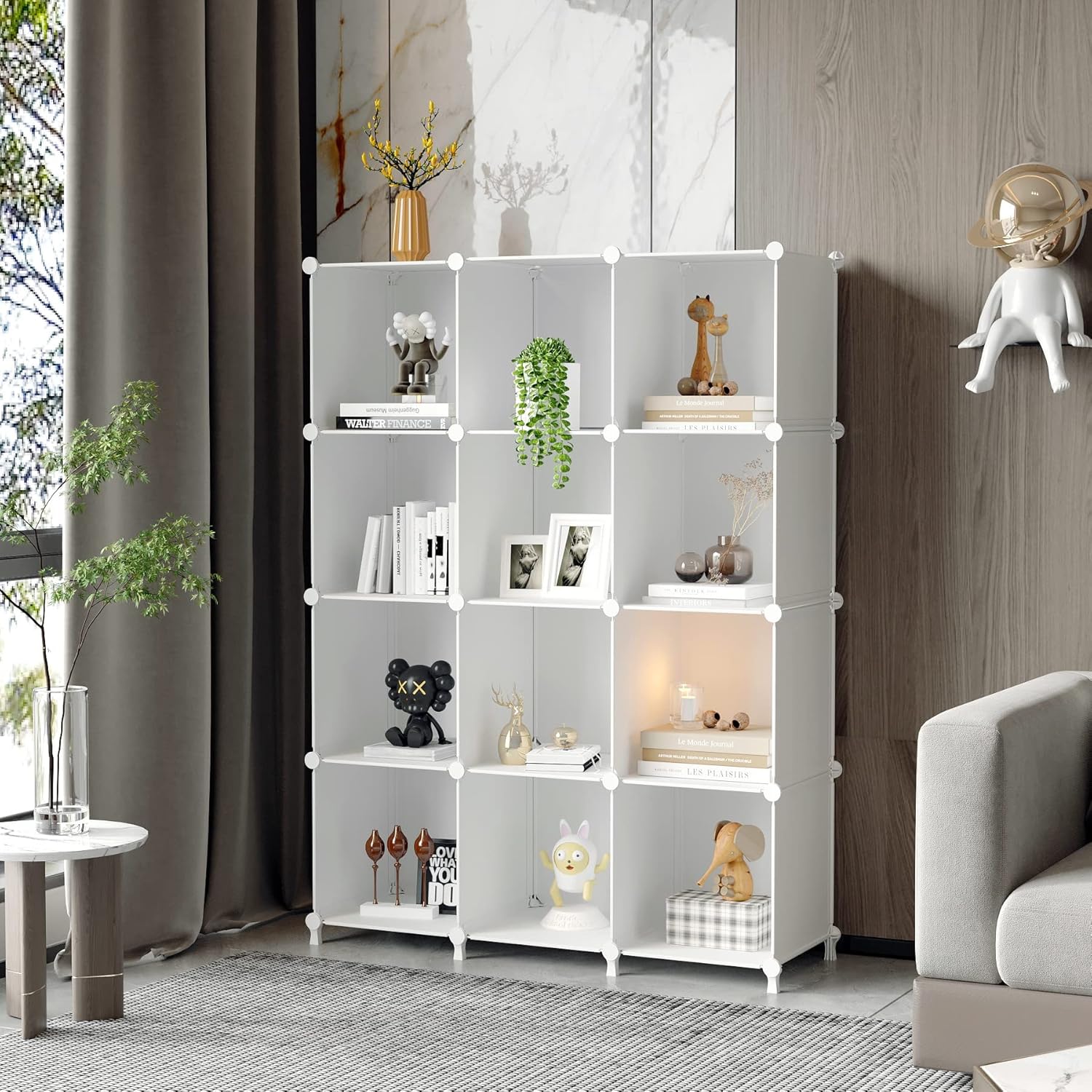 AWTATOS Cube Storage Organizer Storage 12 Cube Bookshelf DIY Plastic Closet Clothes Storage Shelves with Wooden Mallet, Stackable Storage Solution for Home, Bedroom, White - Image 2
