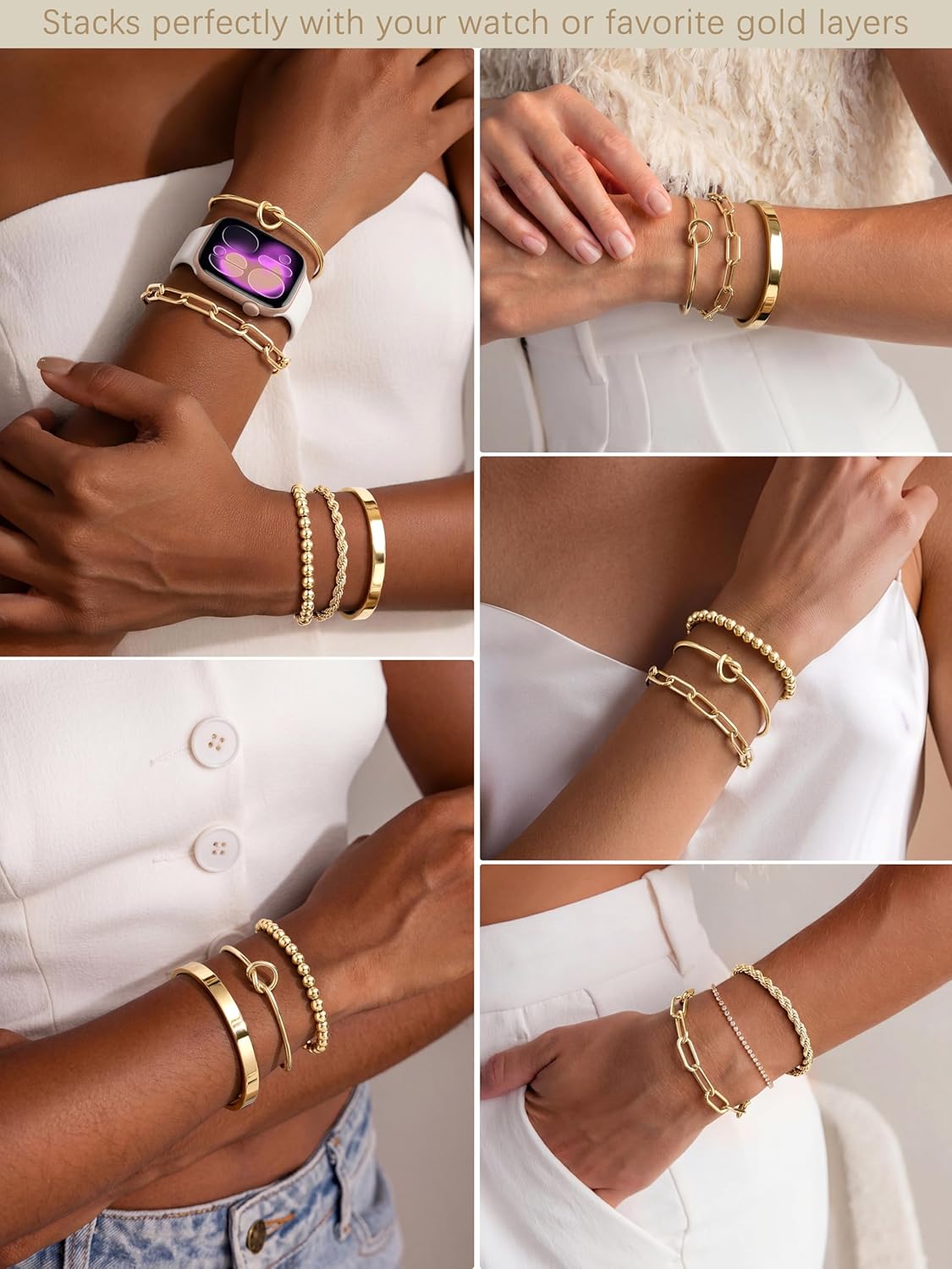 Gokeey Gold Bracelets Set for Women Non Tarnish, Waterproof 14K Gold Plated Sterling Silver Chunky Cuff Bracelet Stackable Gold Bangles Bracelet for Women Trendy Fashion Accessories Tie Knot Cuban Rope Paperclip Beaded Bracelet Stack Jewelry Mothers Day Gifts for Mom Birthday - Image 4