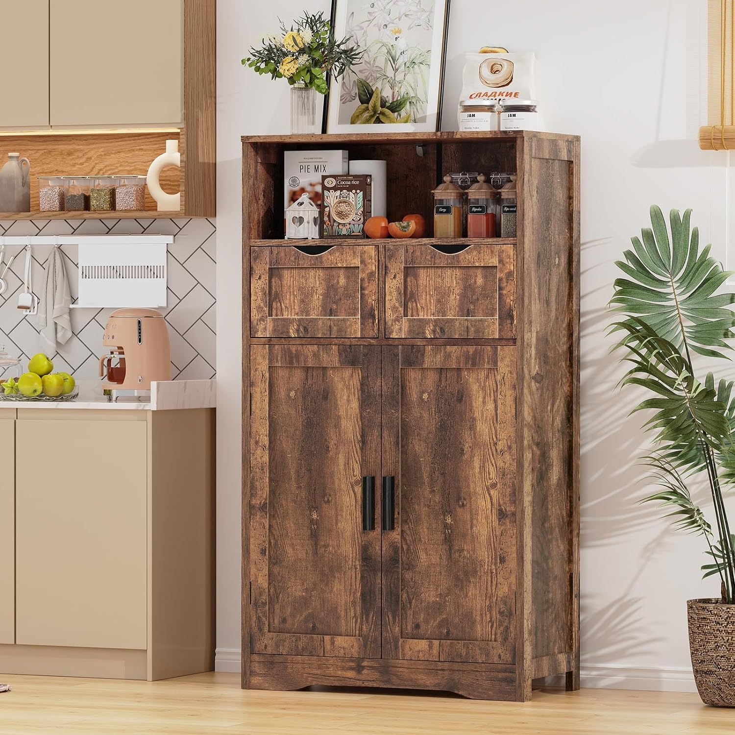 Iwell Storage Cabinet with 2 Drawers & Adjustable Shelves, Cupboard, Floor Cabinet for Living Room, Home Office, Rustic Brown - Image 2
