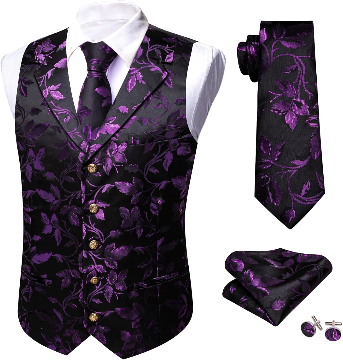 Barry.Wang Mens Silk Lapel/Shawl Collar Vest Tie Sleeve Holder Set Formal/Casual Paisley Vests Wedding Tuxedo Waistcoat - Image 4