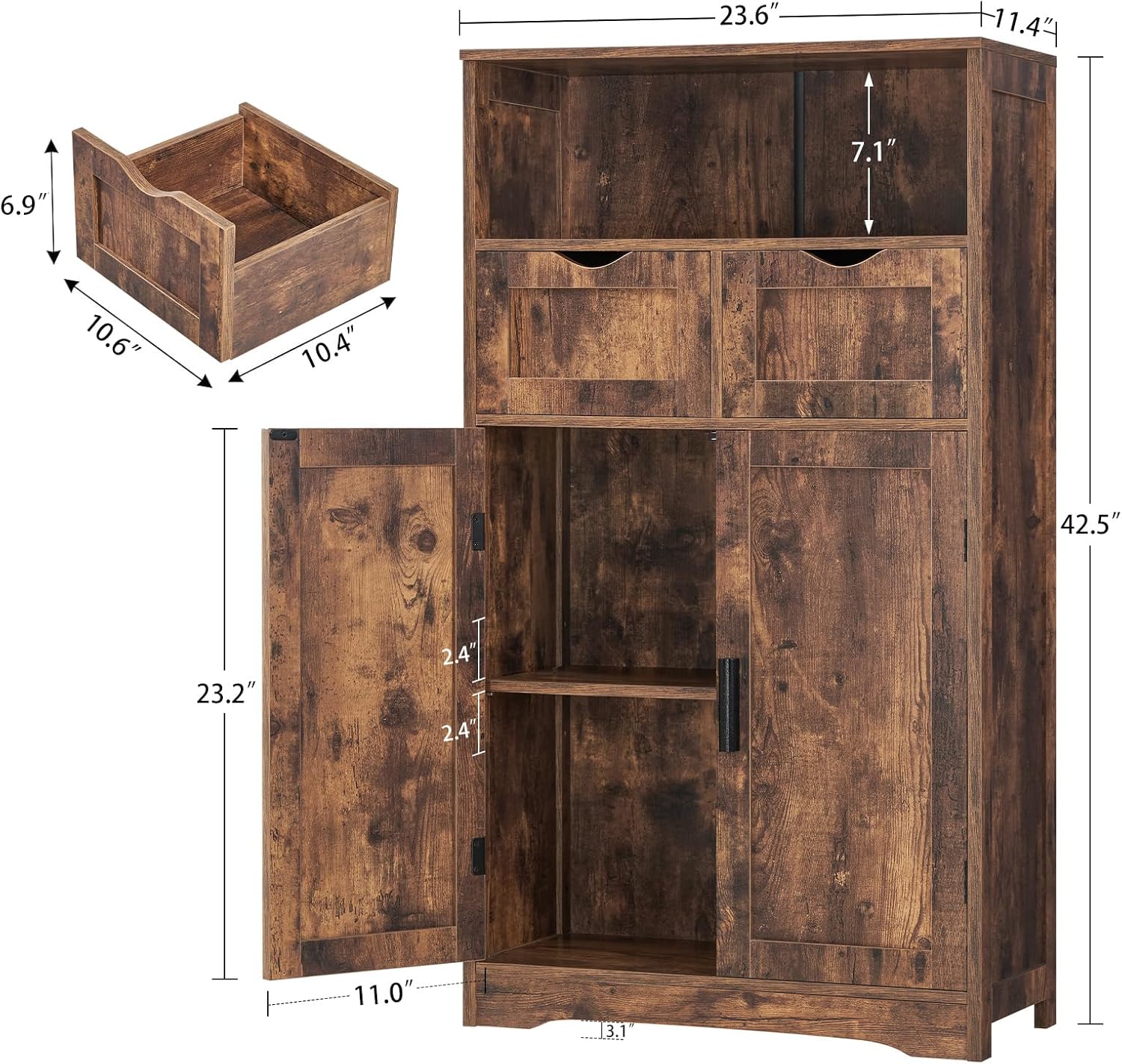 Iwell Storage Cabinet with 2 Drawers & Adjustable Shelves, Cupboard, Floor Cabinet for Living Room, Home Office, Rustic Brown - Image 3