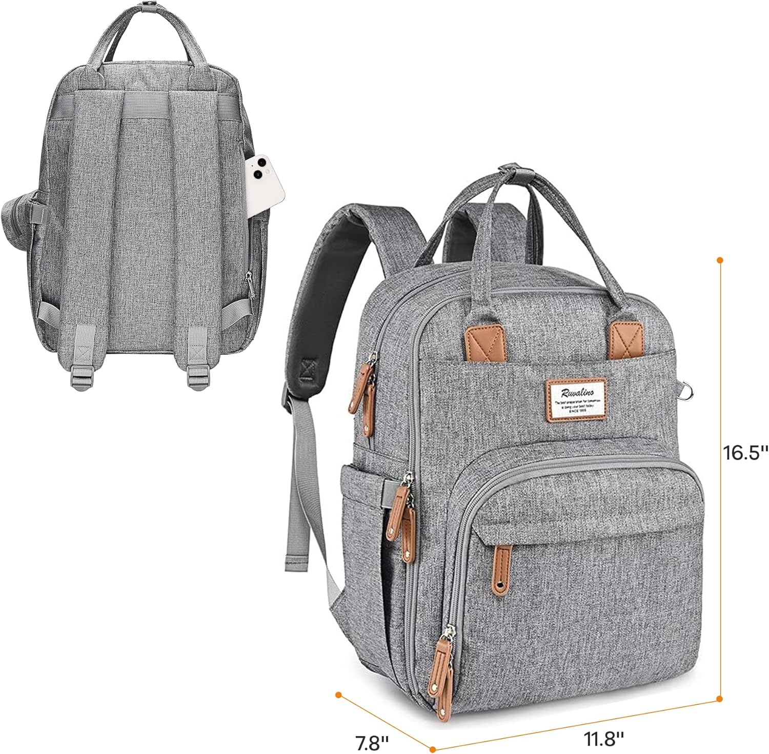 RUVALINO Diaper Bag Backpack-Multifunction Travel Baby Diaper Bag with Changing Pad, Insulated Bottle Holders & Pacifier Case, Large Capacity, Waterproof, Gray - Image 4