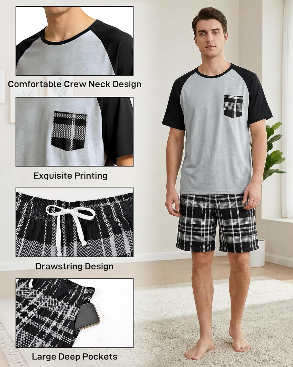 Mens Pajamas Set Soft Short Sleeve Pjs Plaid Pajamas 2 Piece Sleepwear Mens Loungewear Sets Summer with Pockets - Image 5