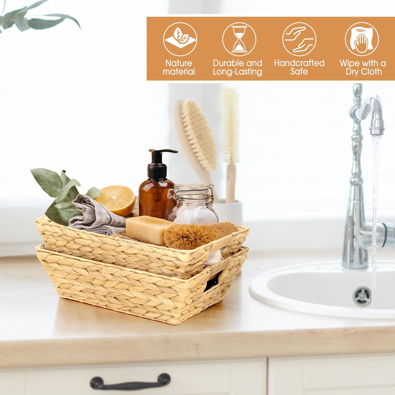 M4DECOR Set of 6 Water Hyacinth Wicker Storage Baskets for Shelves – Woven Snack Baskets for Organizing Pantry, Closet & Kitchen – Natural Storage Bins with Handles (6 Packs) - Image 6