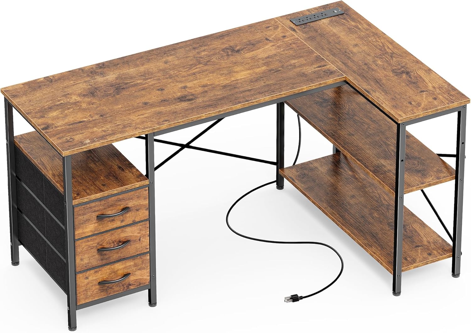 Huuger L Shaped Office Desk with Power Outlets, 47 Inch Computer Desk with 3 Drawers, Shelves, for Gaming, Corner Work, Home Office, Study, Rustic Brown Huuger L Shaped Office Desk with Power Outlets, 47 Inch Computer Desk with 3 Drawers, Shelves, for Gaming, Corner Work, Home Office, Study, Rustic Brown