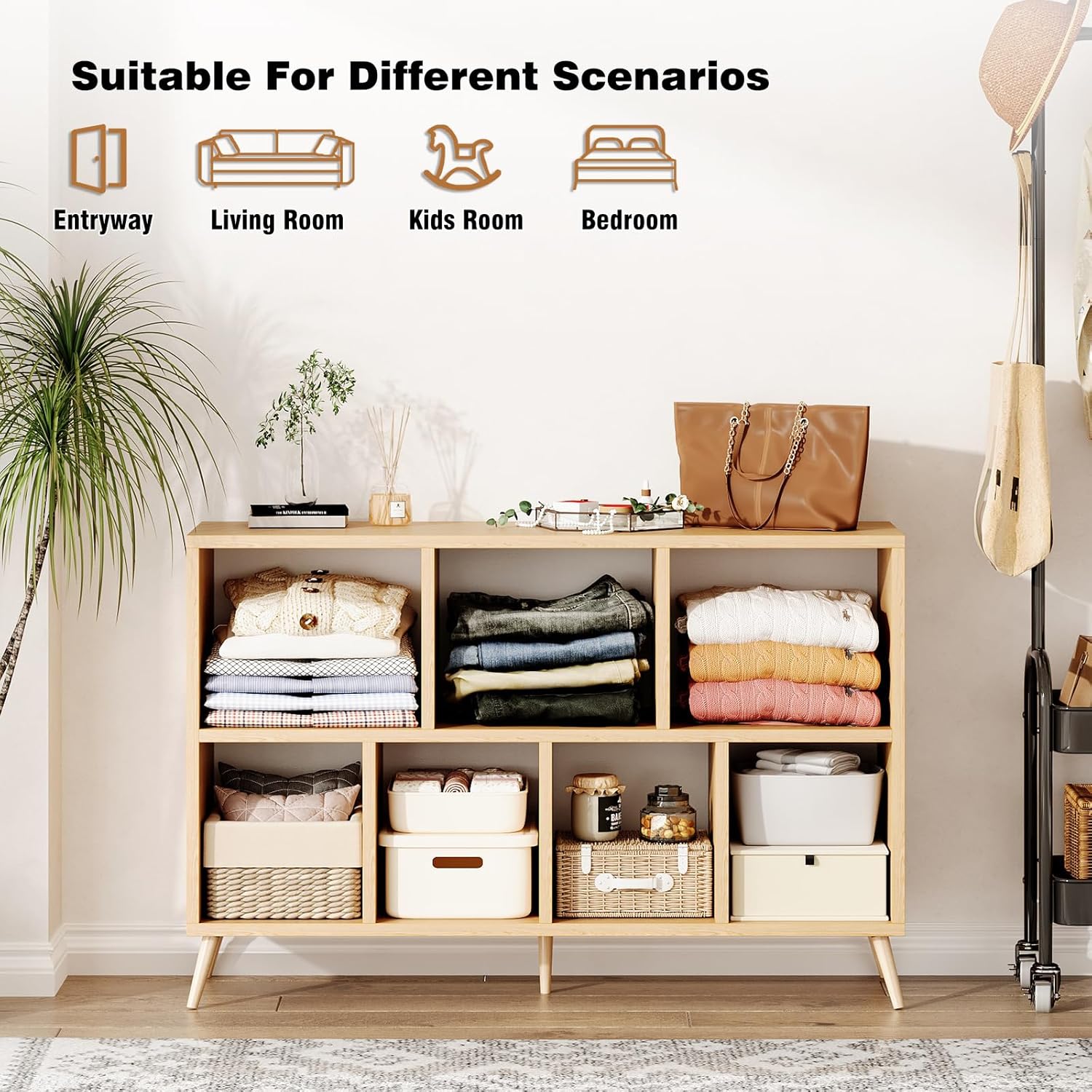 7-Cube Storage Organizer with Natural Wood Legs, Mid-Century Modern Bookcase and Display Cabinet, Freestanding Toy Storage Bookshelf for Living Room, Kids Room and Bedroom, Natural - Image 6