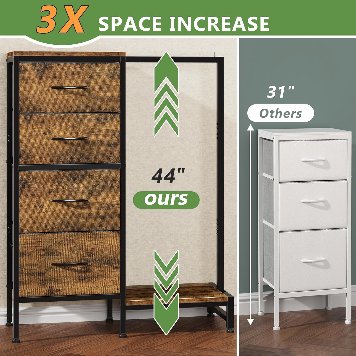 HIGDBFE Dresser with Hanging Rack, 4 Drawers Small Closet for Bedroom, Reversible Fabric Kids Chest of Drawers with Clothes Rack, Tall Storage Tower, Sturdy Frame, Rustic Brown, 44''H - Image 4