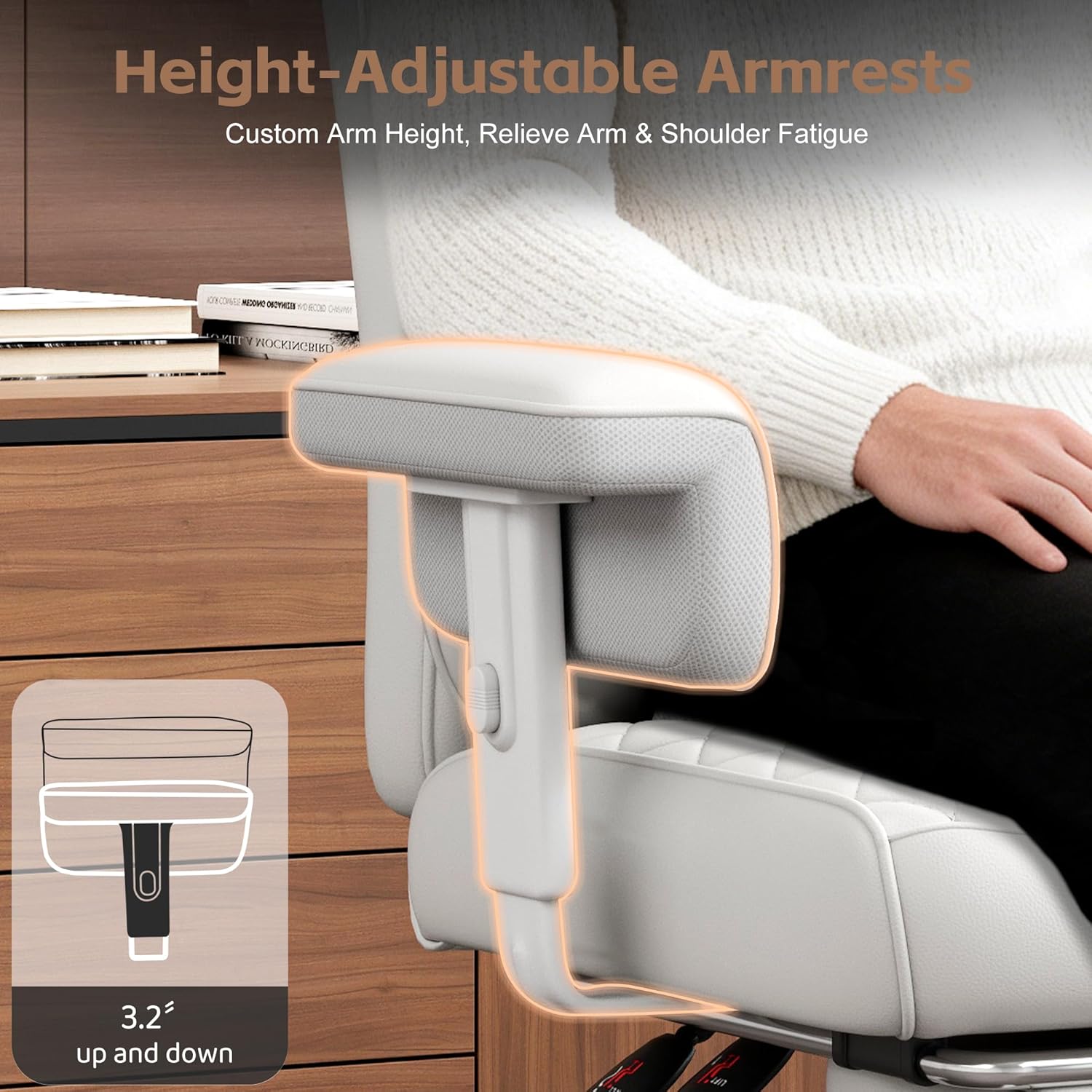 Vonesse Big and Tall Office Chair, Desk Chair with Soft Adjustable Armrests, Ergonomic High Back Gaming Chair with Lumbar Support, Executive Computer Chairs with Footrest (PU Leather, Ivory White) - Image 4