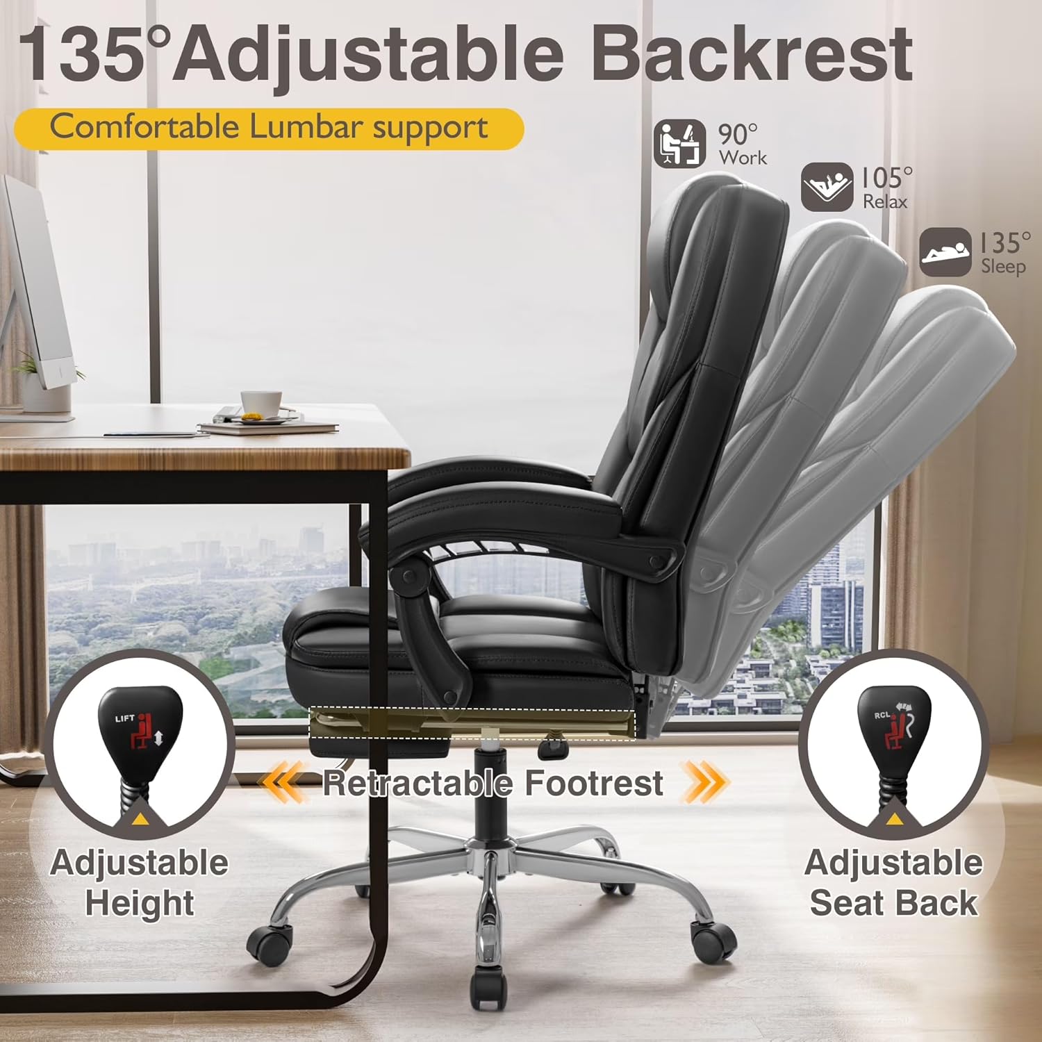 Shahoo Executive Office Chair with Massage, Ergonomic Reclining High Back Leather Seats with Footrest and Lumbar Support, Big and Tall, 400Lbs Heavy Duty, Dark Black - Image 4